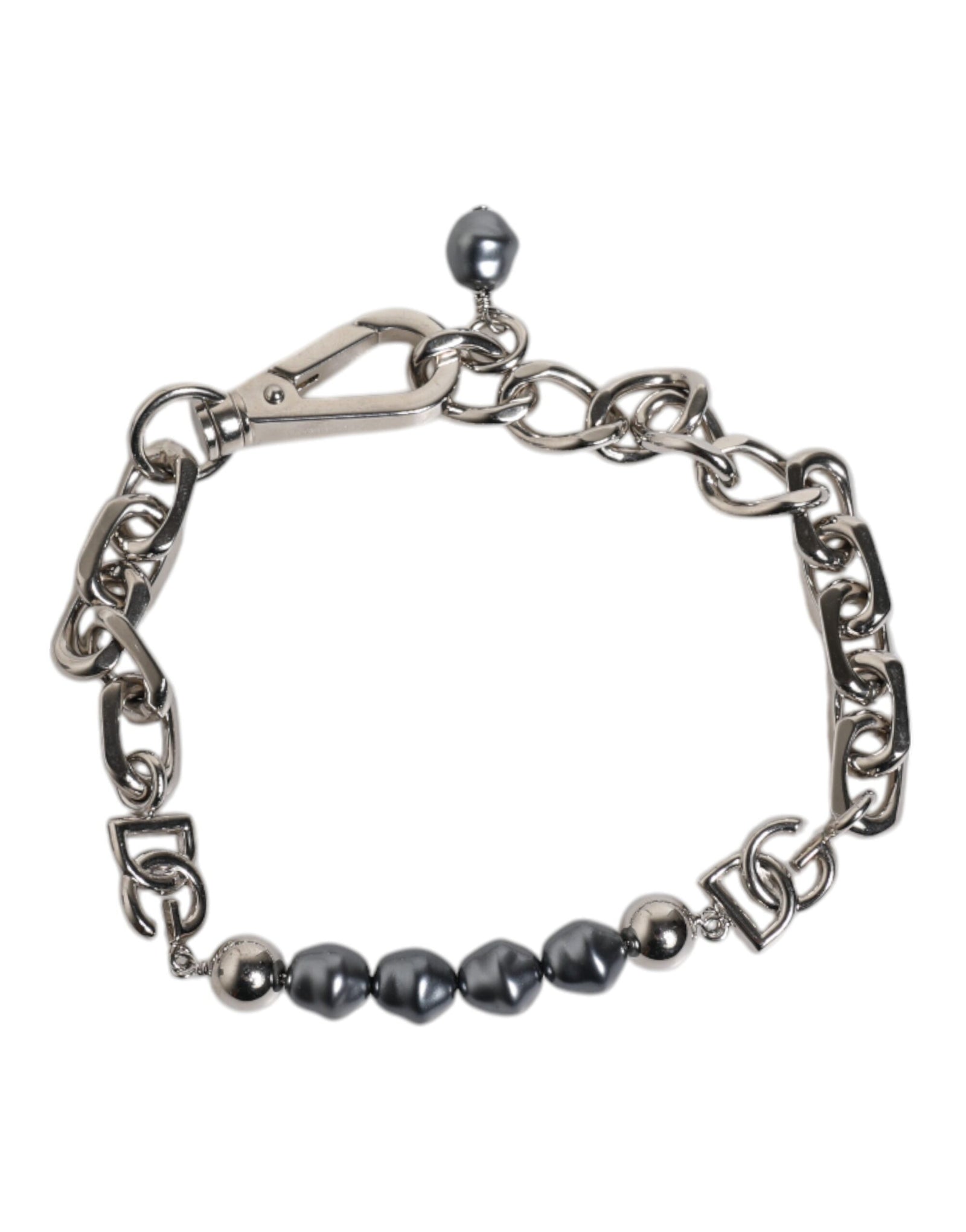 Dolce &amp; Gabbana Silver Tone Chain Lobster Clasp Logo Gray Pearls Bracelet