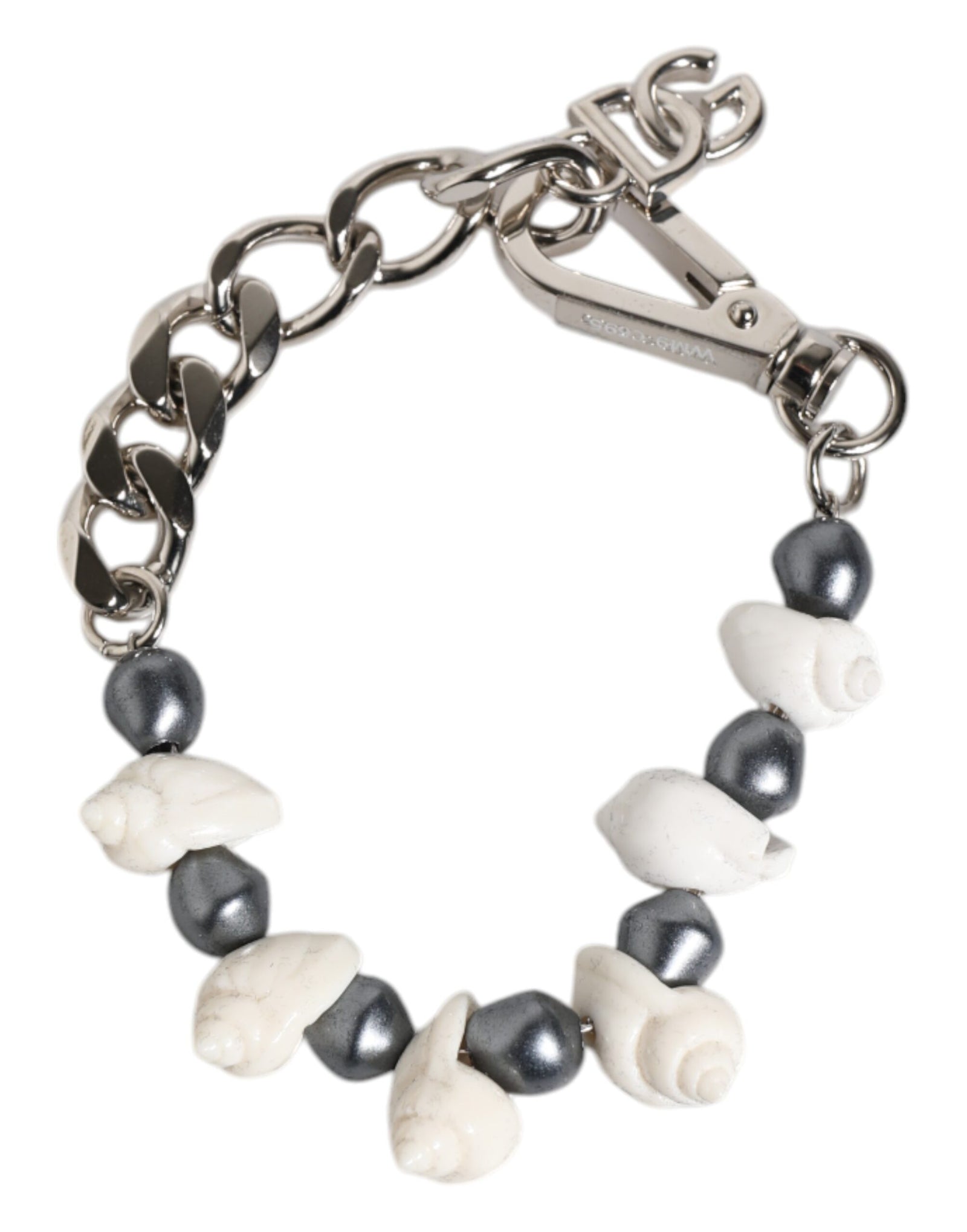 Dolce &amp; Gabbana Silver Tone Brass Beaded Shell DG Logo Pendant Bracelet