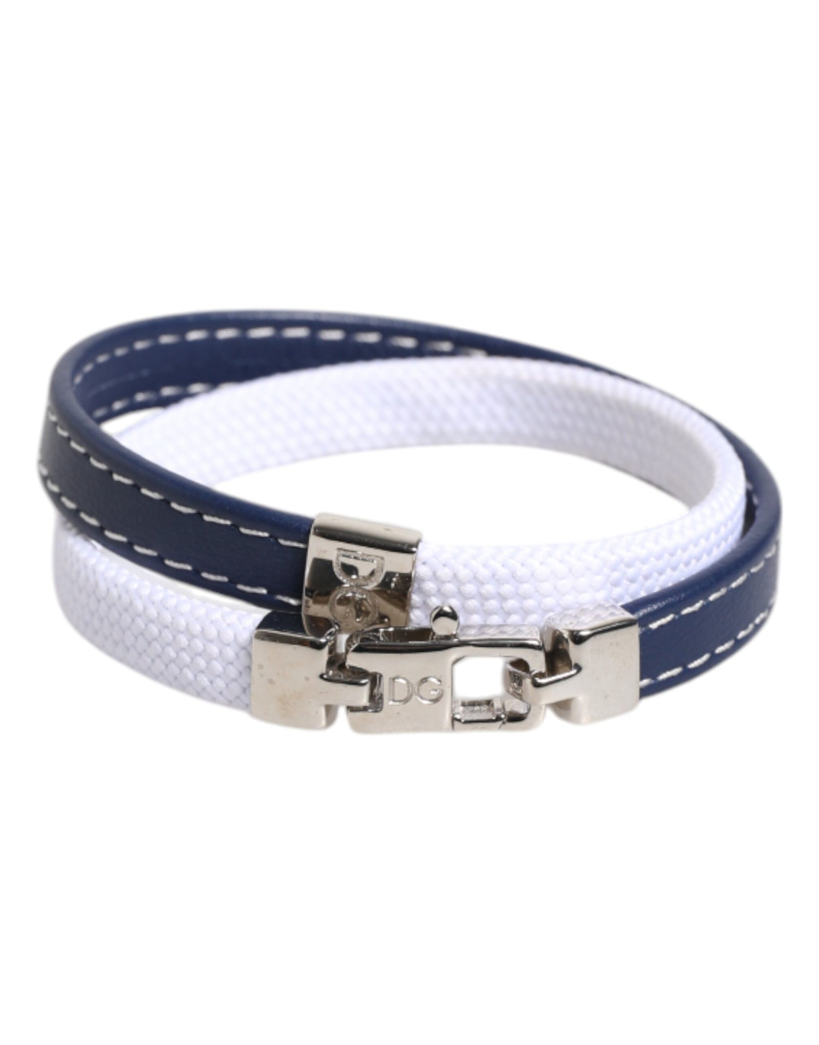 Dolce &amp; Gabbana Blue White Leather Trimmed DG Engraved Silver Tone Clasp Bracelet