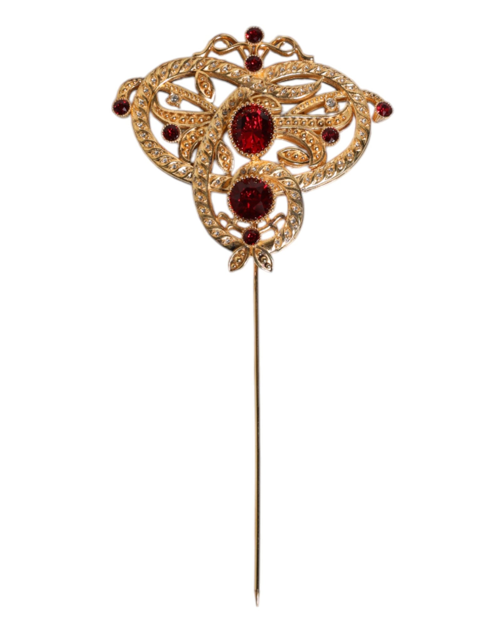 Broche Dolce &amp; Gabbana en argent sterling 925 doré ornée de cristaux rouges