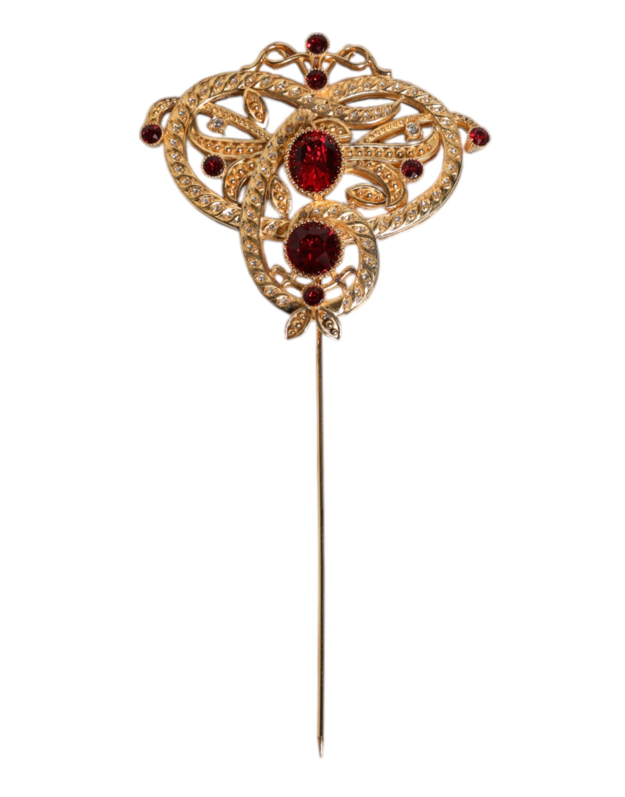 Dolce &amp; Gabbana Gold Tone Red Crystal Embellish 925 Sterling Silver Pin