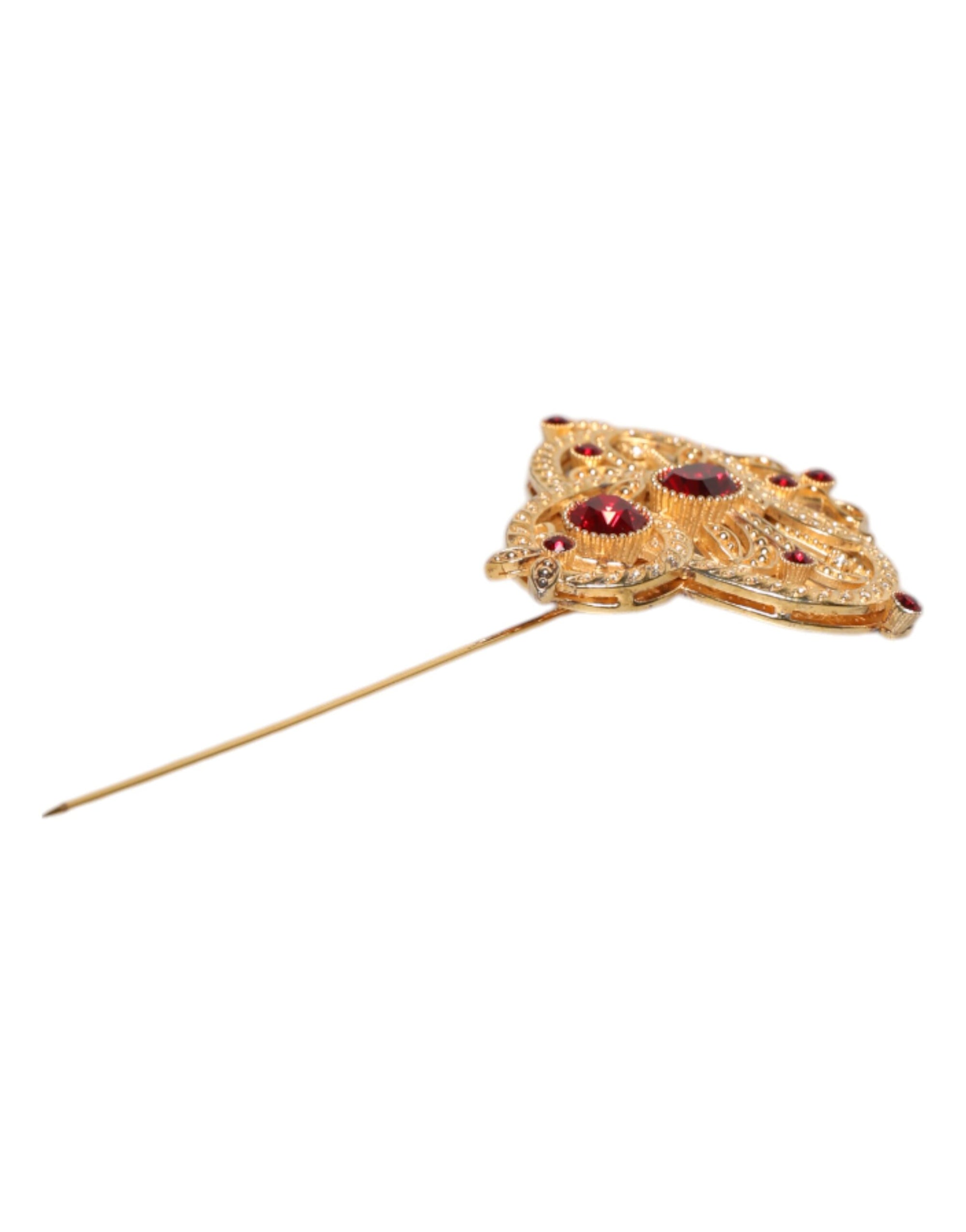Dolce &amp; Gabbana Gold Tone Red Crystal Embellish 925 Sterling Silver Pin