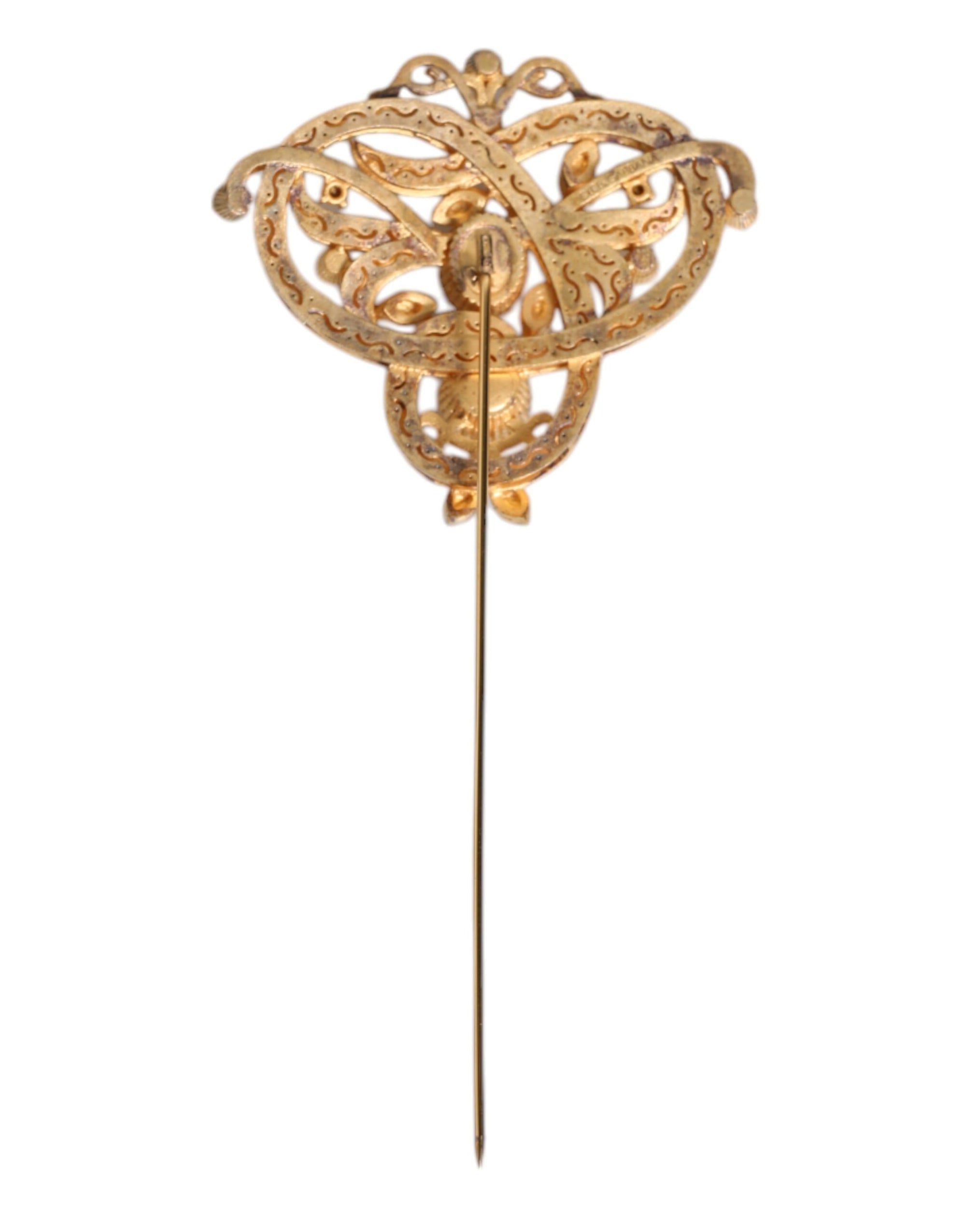 Dolce &amp; Gabbana Gold Tone Red Crystal Embellish 925 Sterling Silver Pin