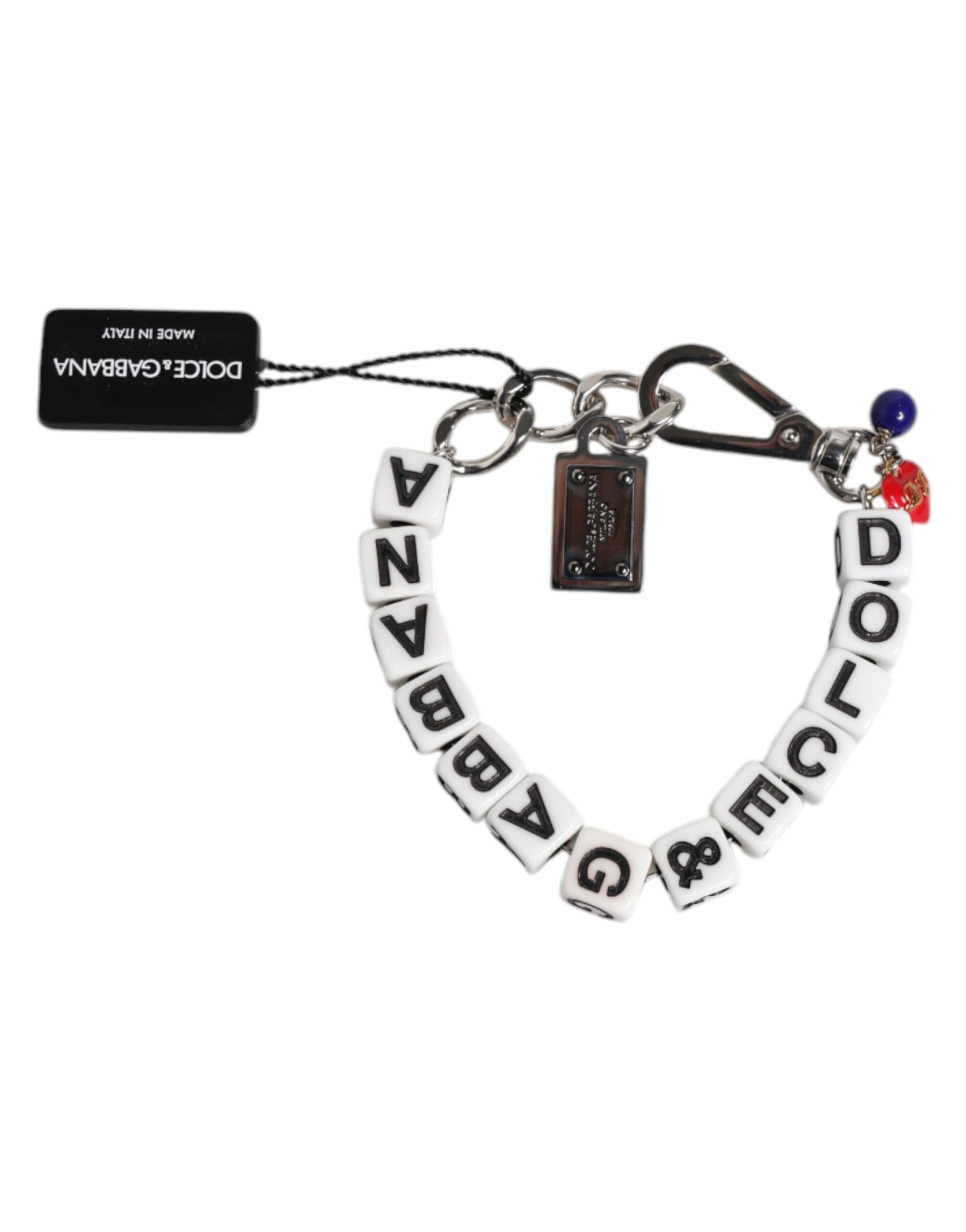 Dolce &amp; Gabbana Silver Brass Chain Dice Logo Embellished Charm Bracelet