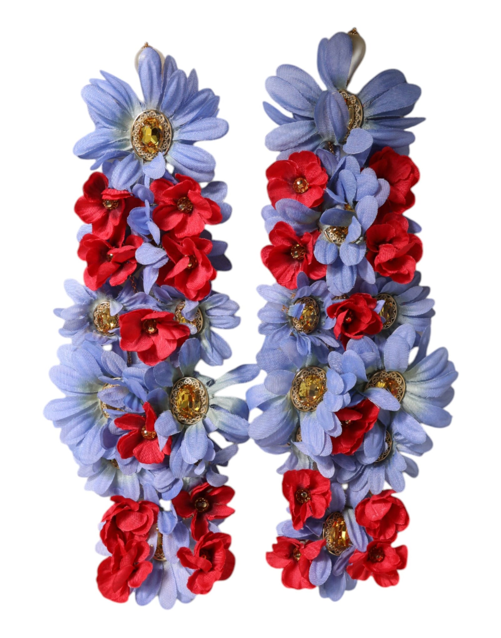 Dolce &amp; Gabbana Gold Tone Brass Floral Crystal Clip On Dangling Earrings