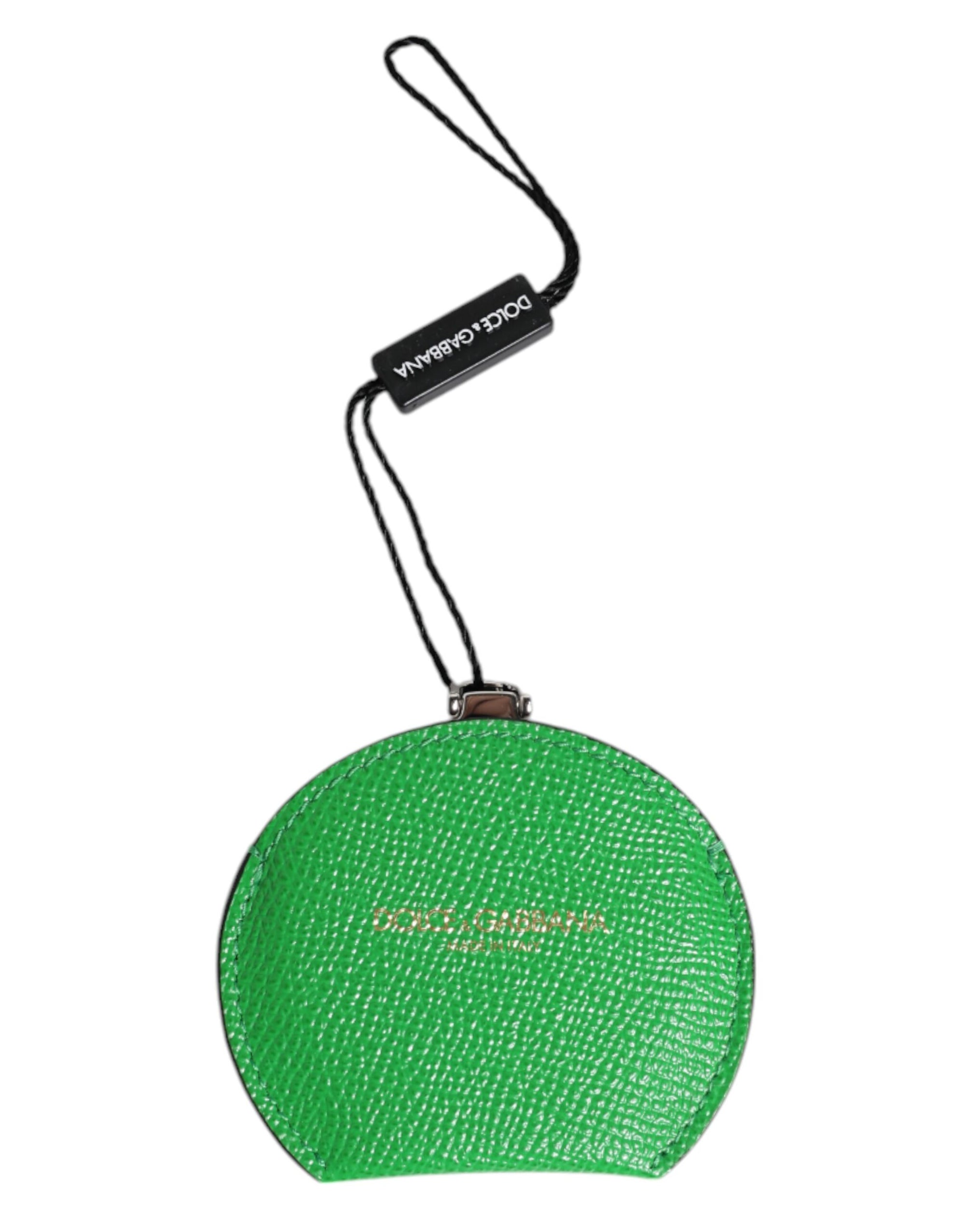 Porte-miroir à main rond en cuir de veau vert Dolce &amp; Gabbana avec logo