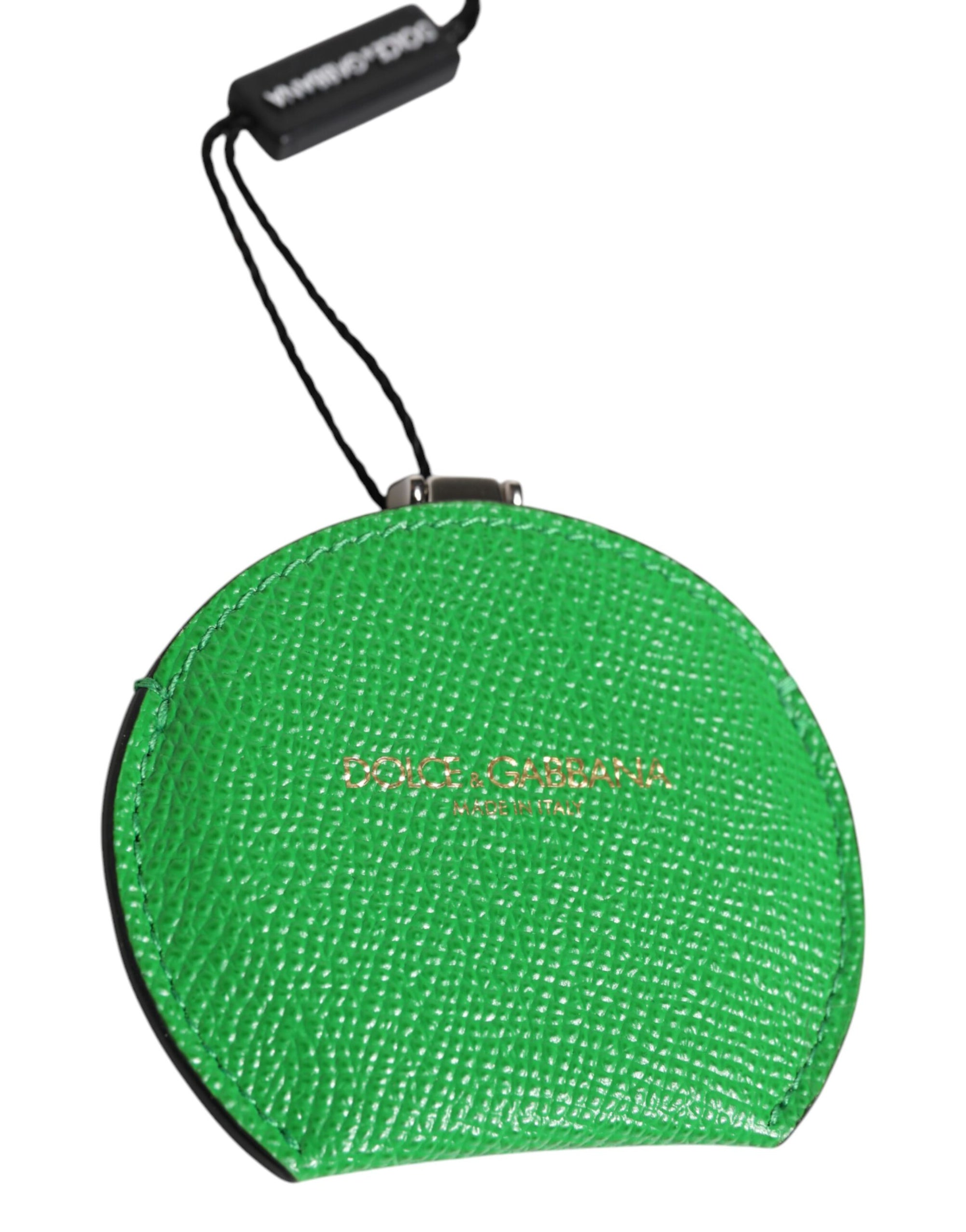 Porte-miroir à main rond en cuir de veau vert Dolce &amp; Gabbana avec logo