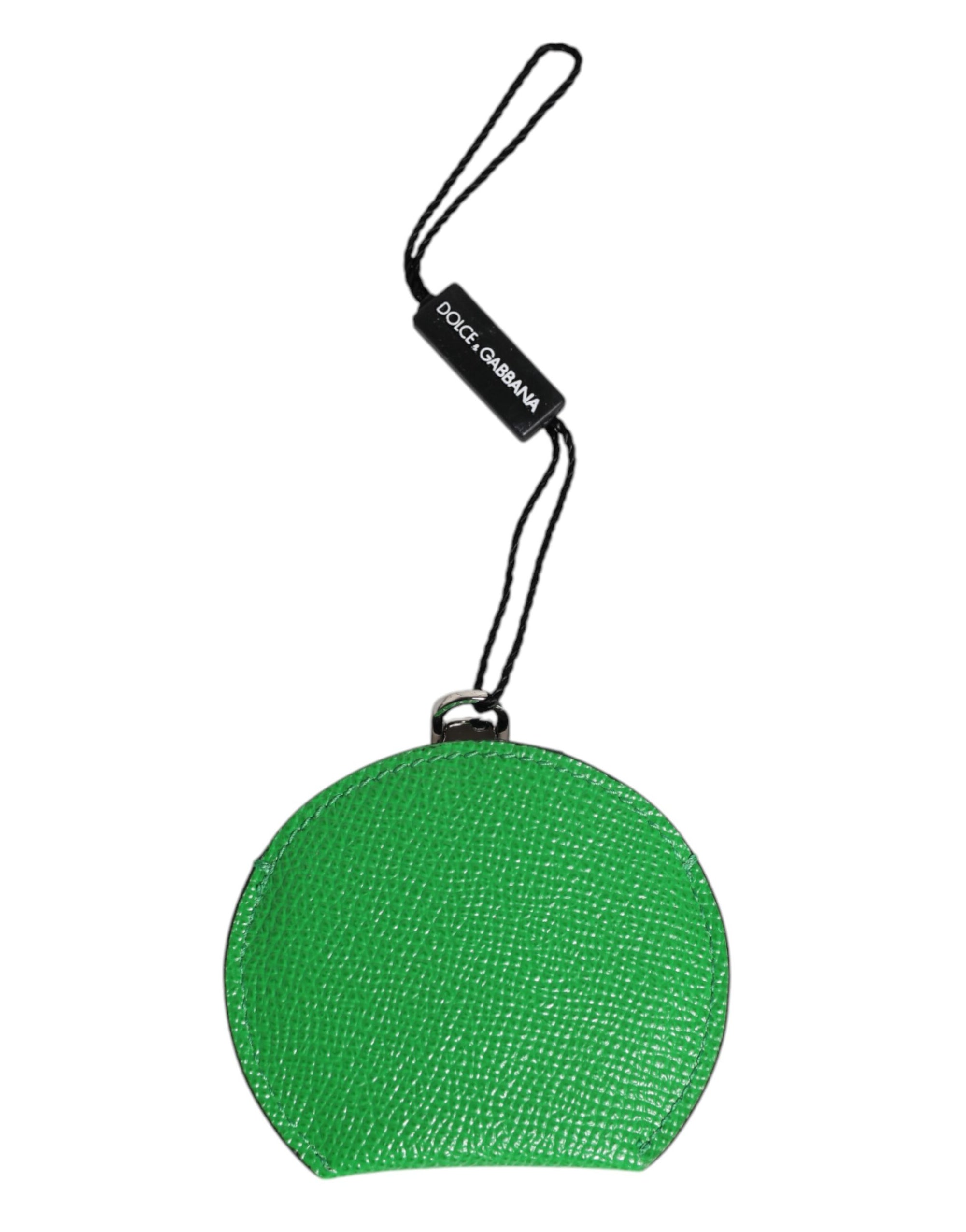 Porte-miroir à main rond en cuir de veau vert Dolce &amp; Gabbana avec logo