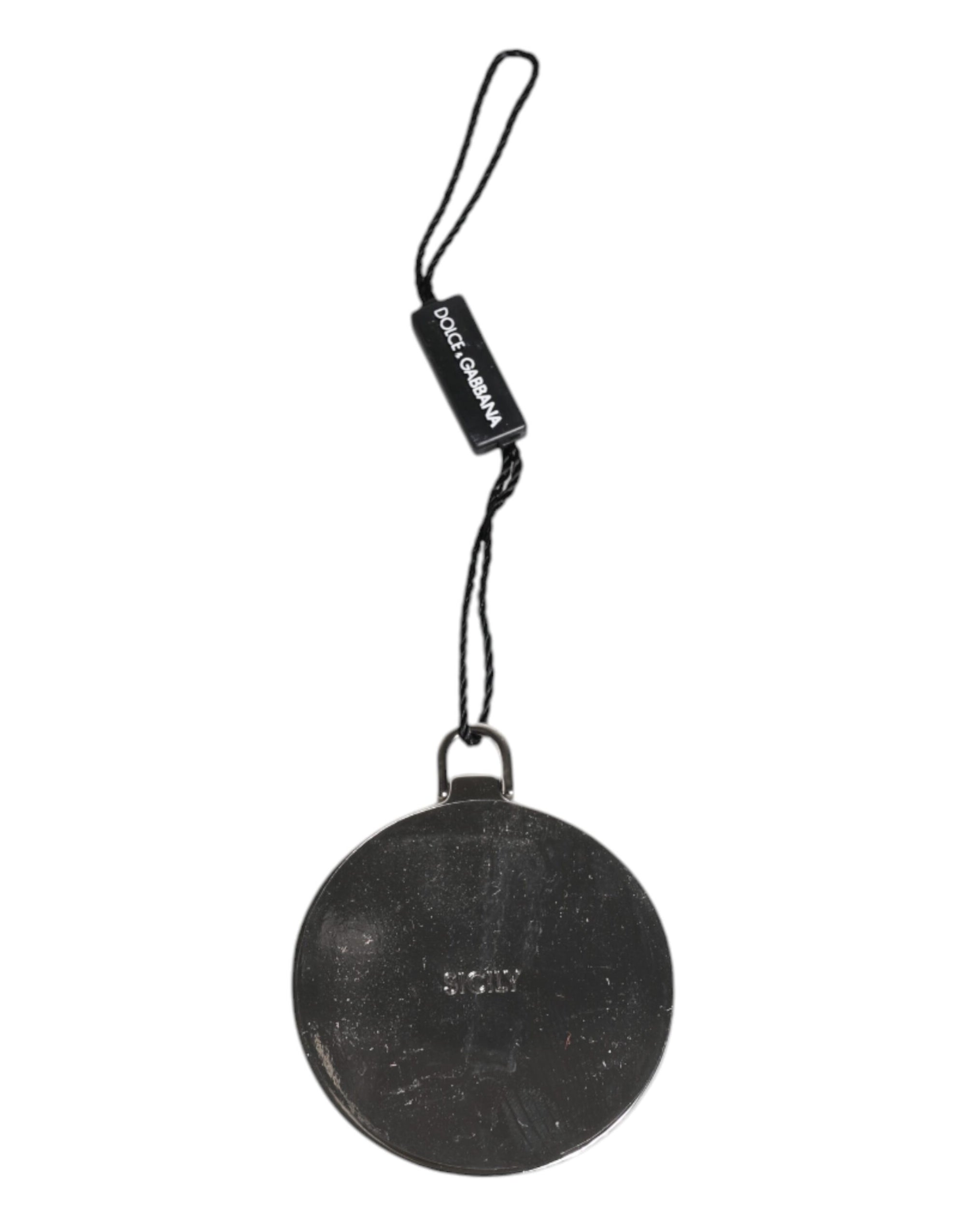 Porte-miroir à main rond en cuir de veau vert Dolce &amp; Gabbana avec logo