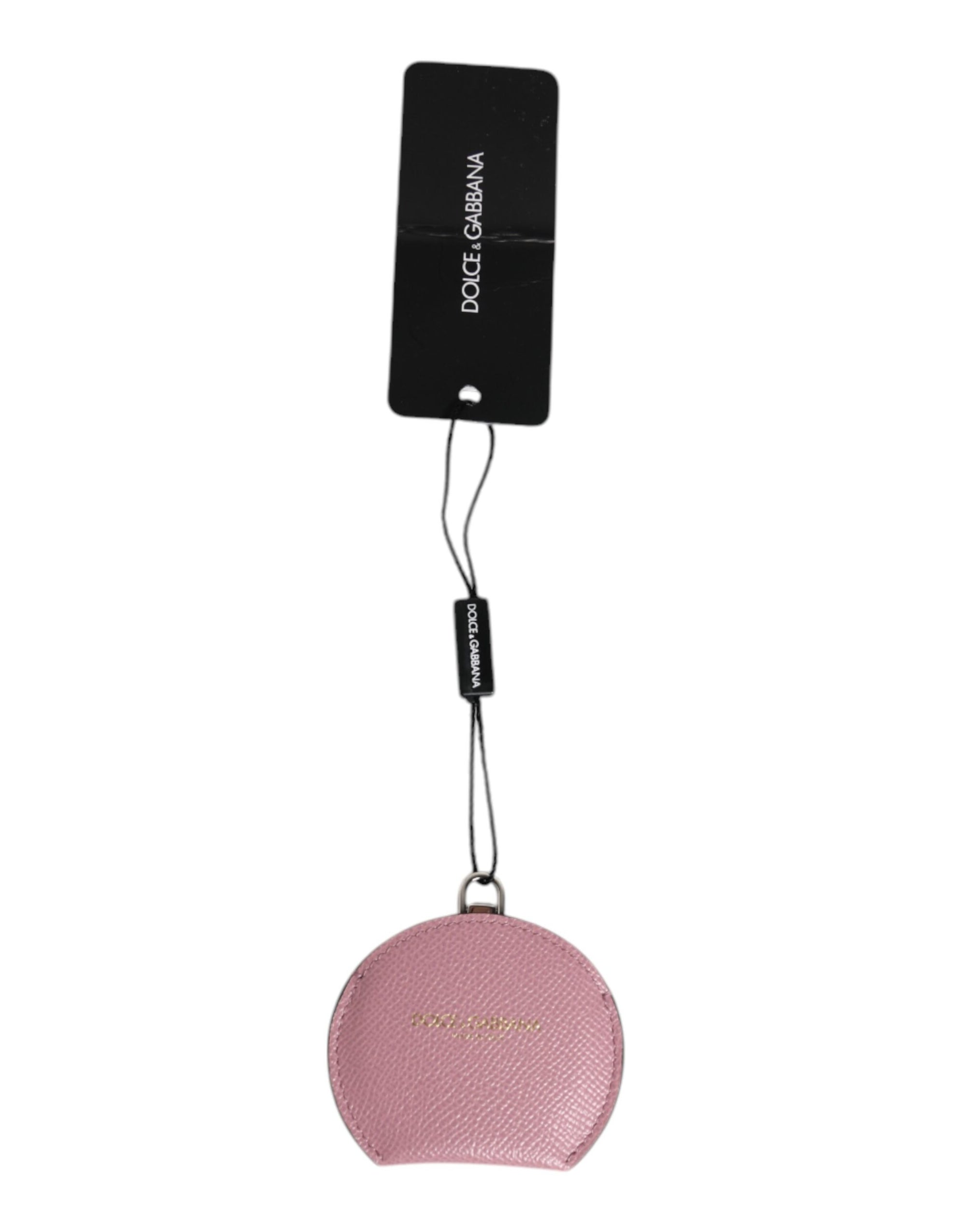 Porte-miroir à main rond en cuir de veau rose Dolce &amp; Gabbana avec logo