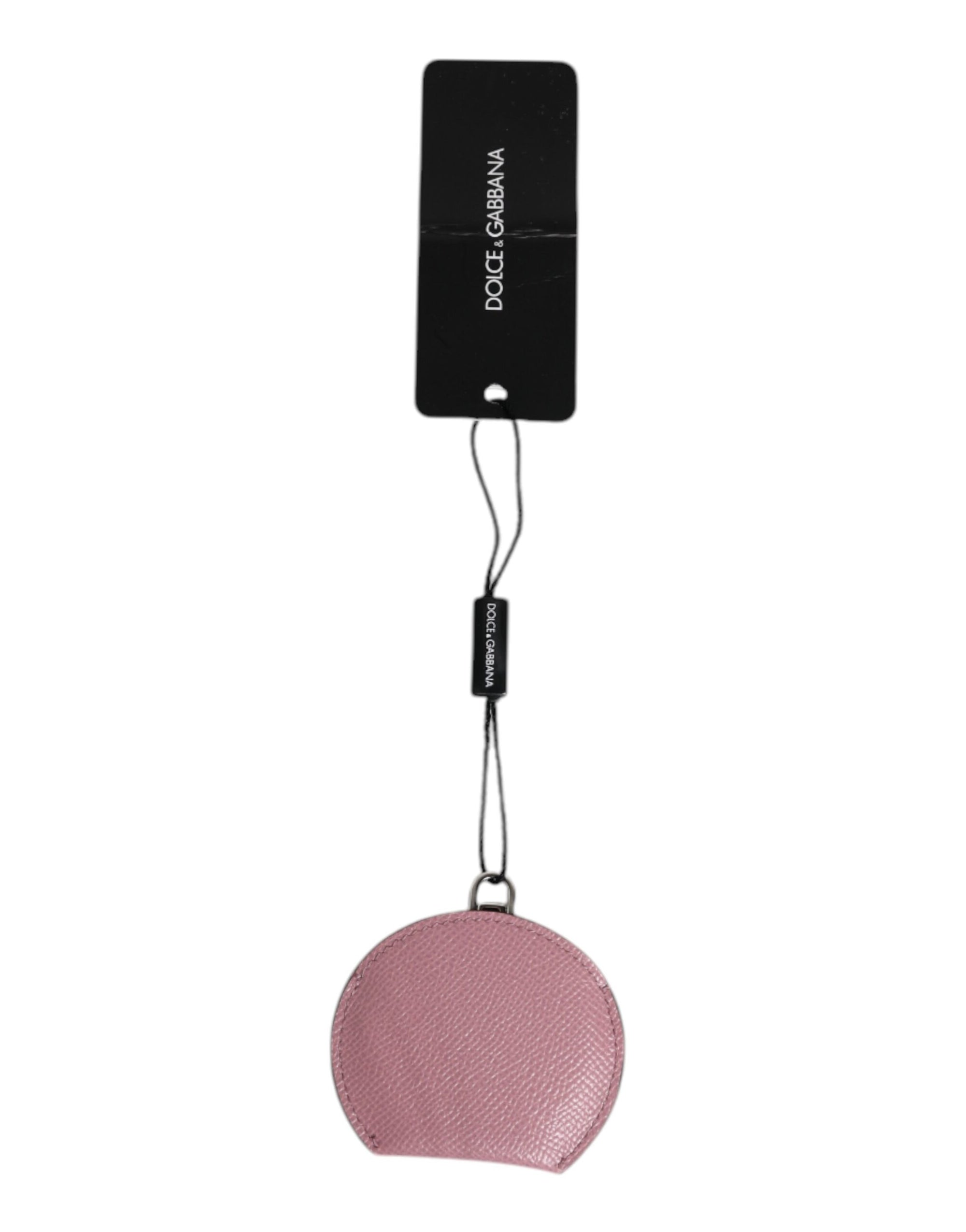 Porte-miroir à main rond en cuir de veau rose Dolce &amp; Gabbana avec logo