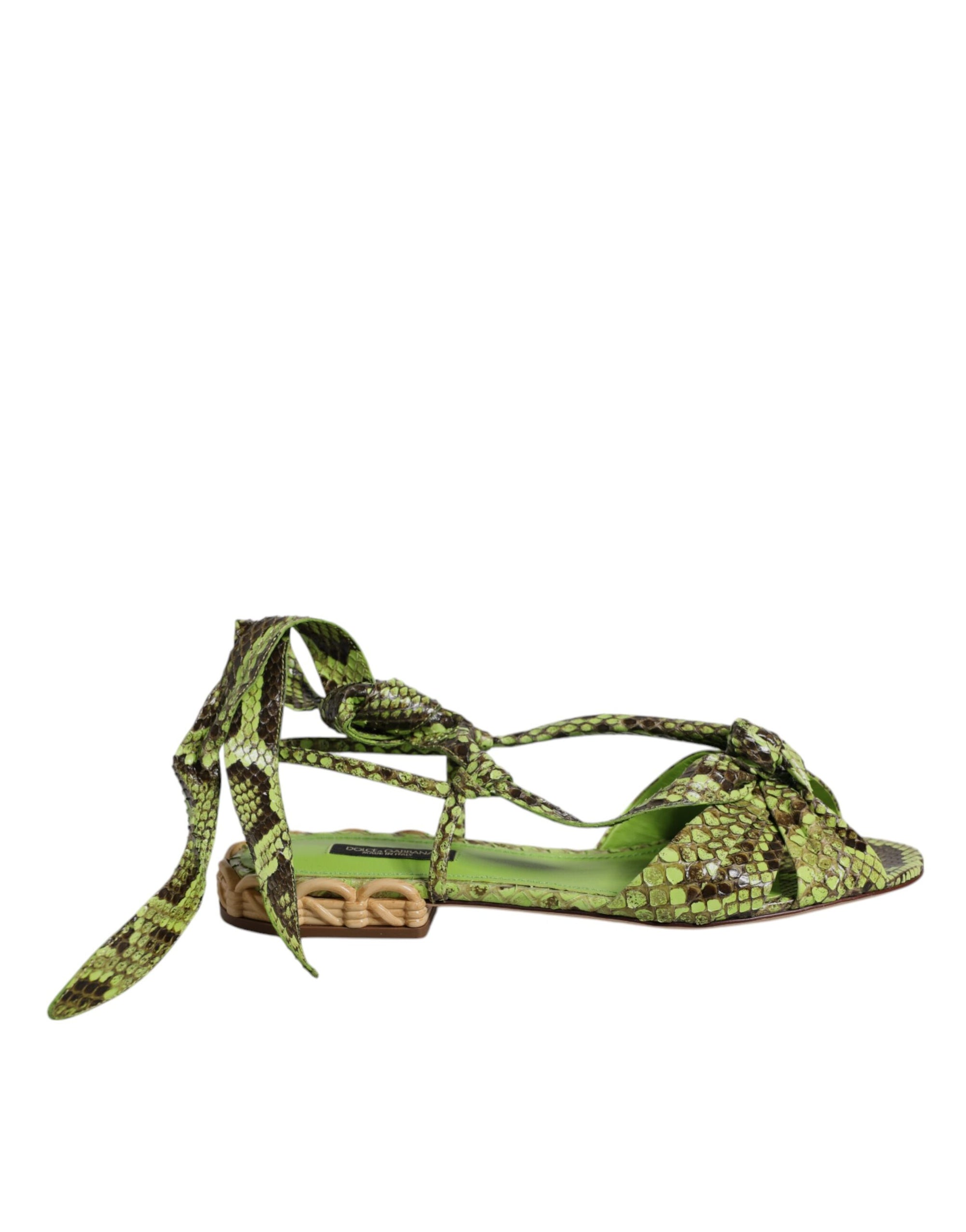 Dolce &amp; Gabbana Green Animal Print Ankle Wrap Sandals Shoes