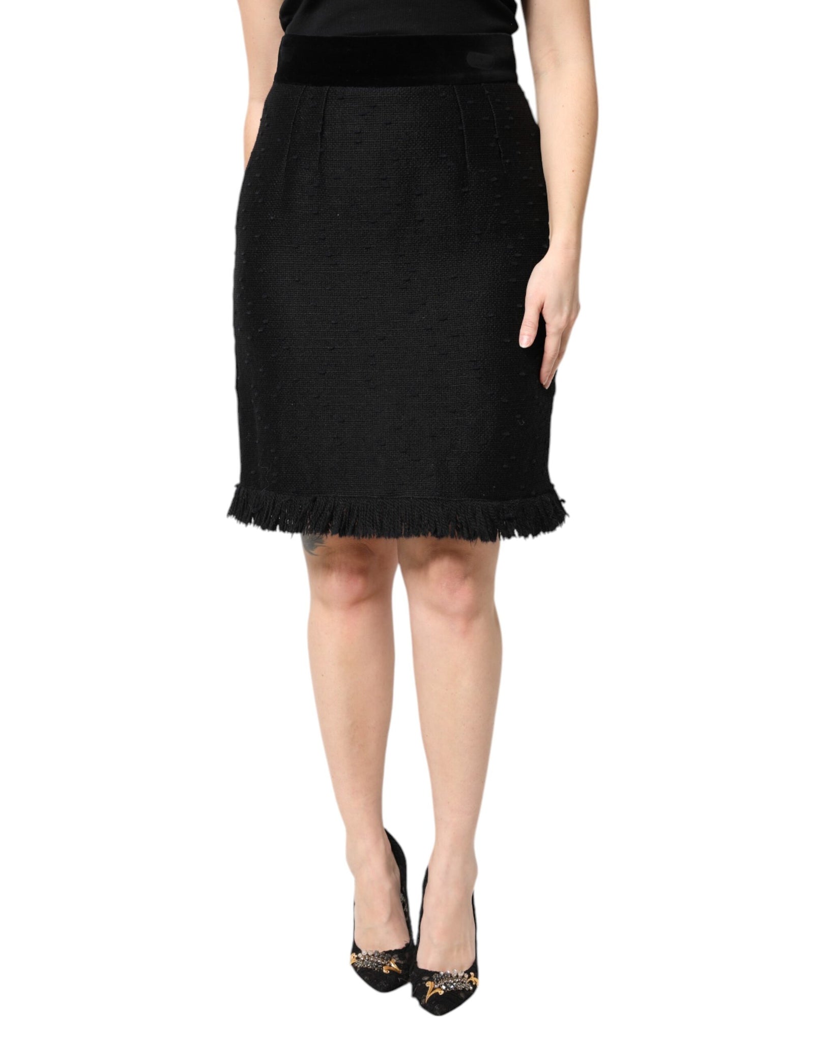 Mini-jupe crayon taille haute à franges en laine noire Dolce &amp; Gabbana