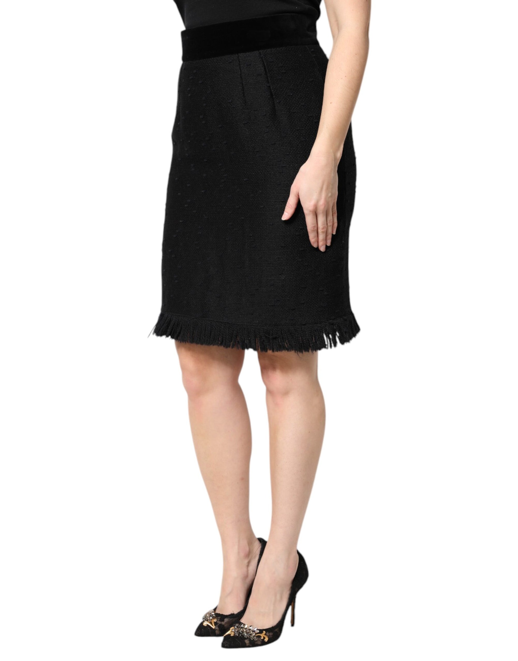Mini-jupe crayon taille haute à franges en laine noire Dolce &amp; Gabbana