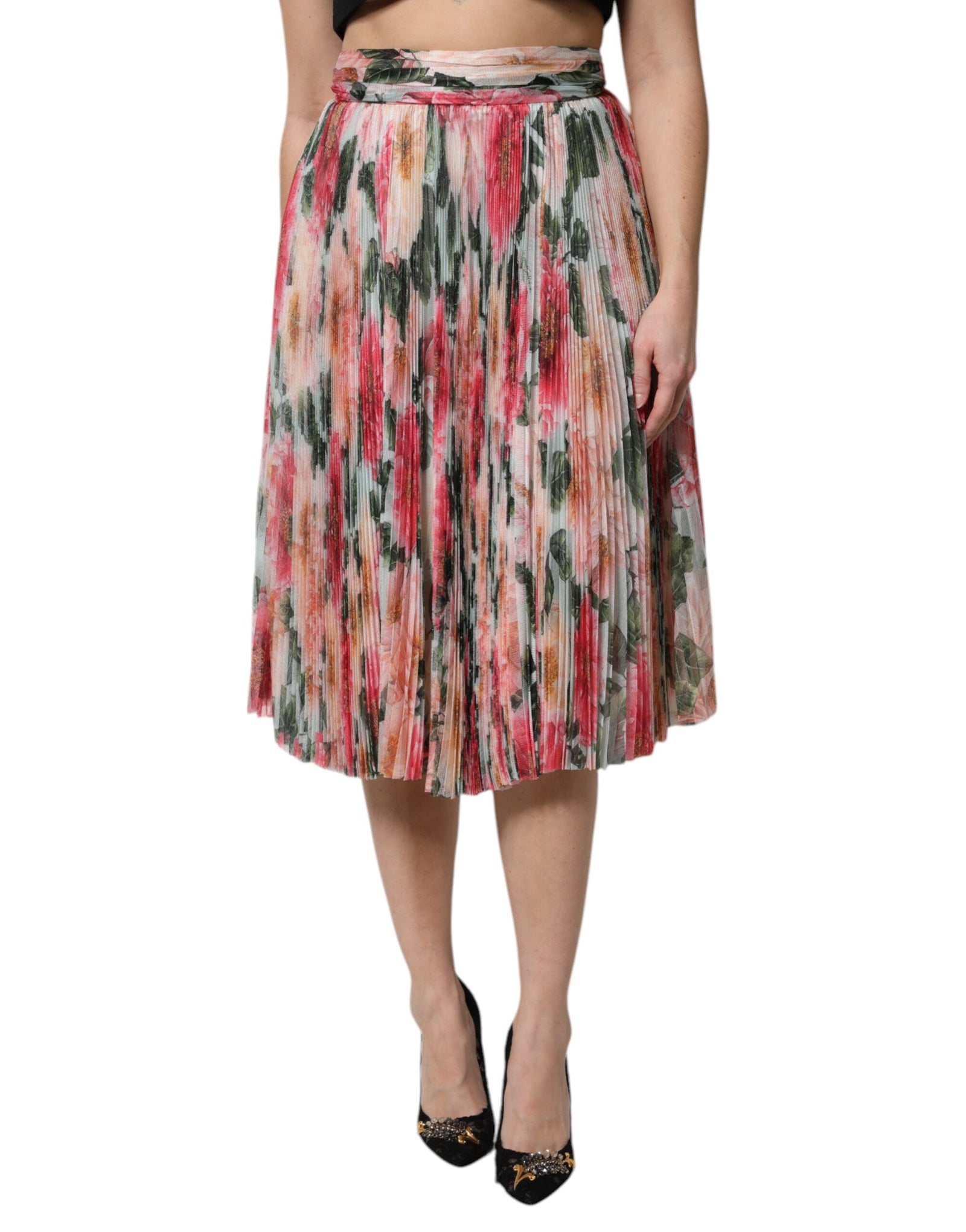 Jupe midi taille haute à fleurs en soie multicolore Dolce &amp; Gabbana