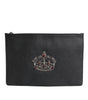Dolce &amp; Gabbana Black Calfskin Crown Embellished Clutch Pouch Bag