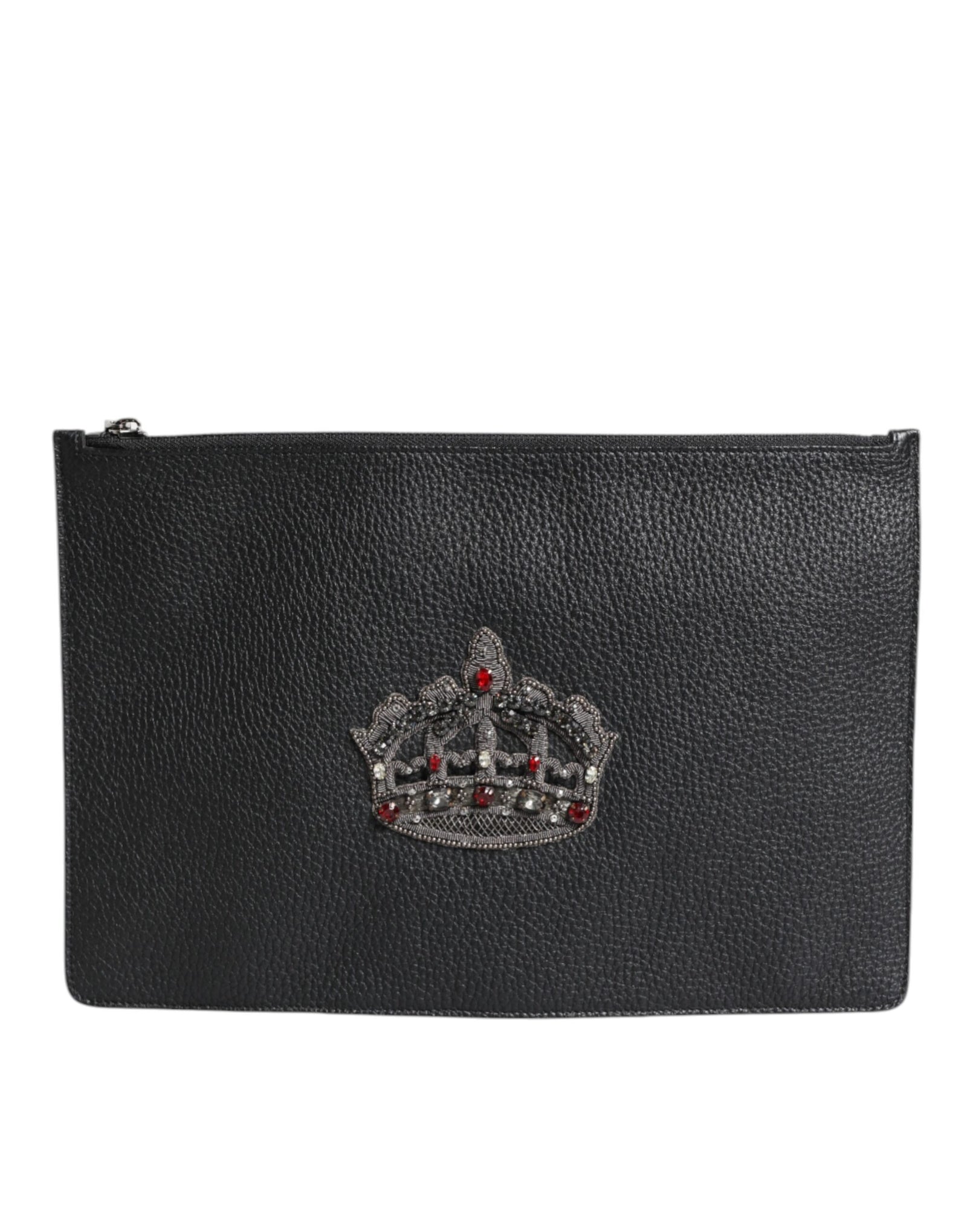 Dolce &amp; Gabbana Black Calfskin Crown Embellished Clutch Pouch Bag