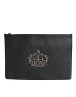 Dolce &amp; Gabbana Black Calfskin Crown Embellished Clutch Pouch Bag