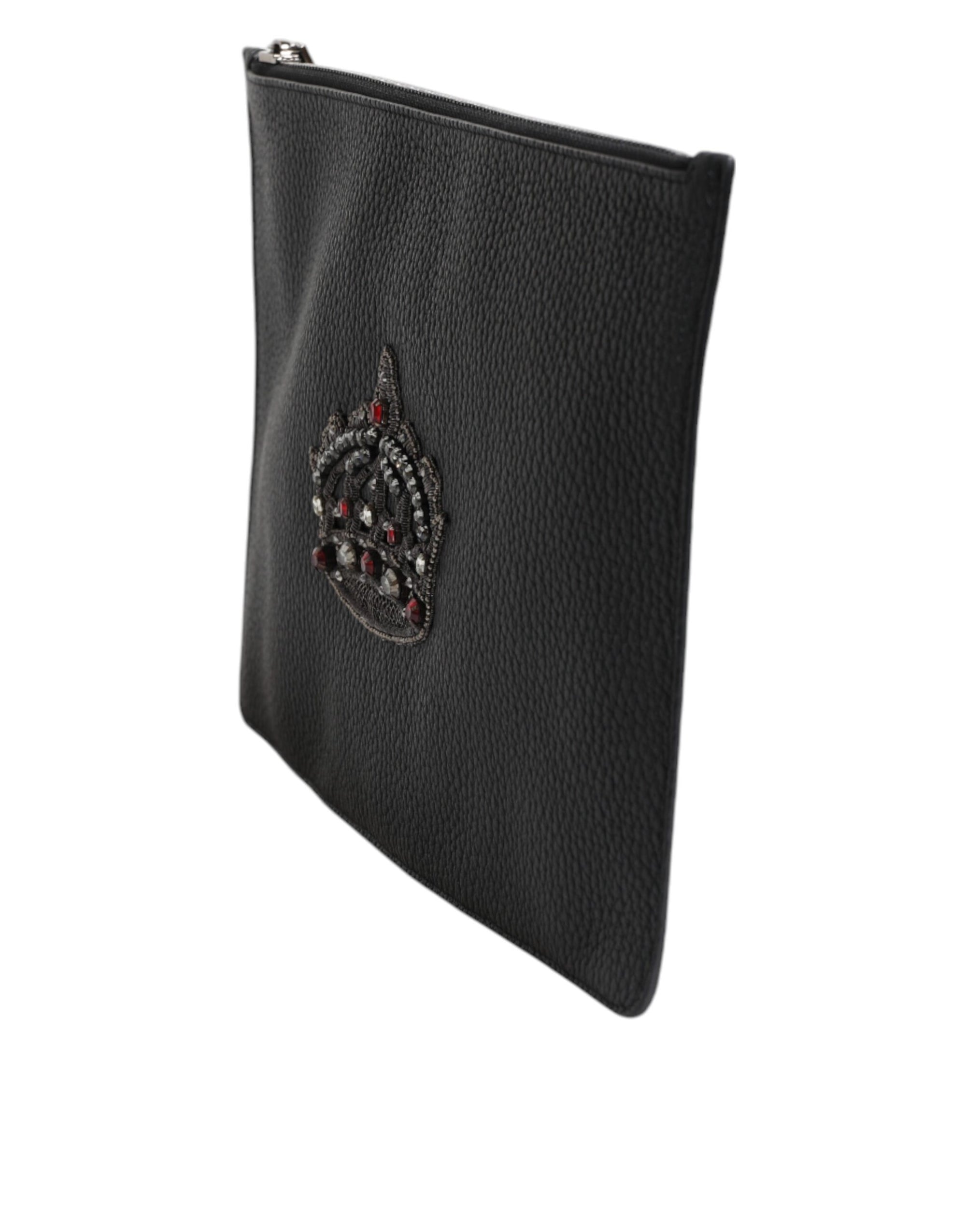 Dolce &amp; Gabbana Black Calfskin Crown Embellished Clutch Pouch Bag