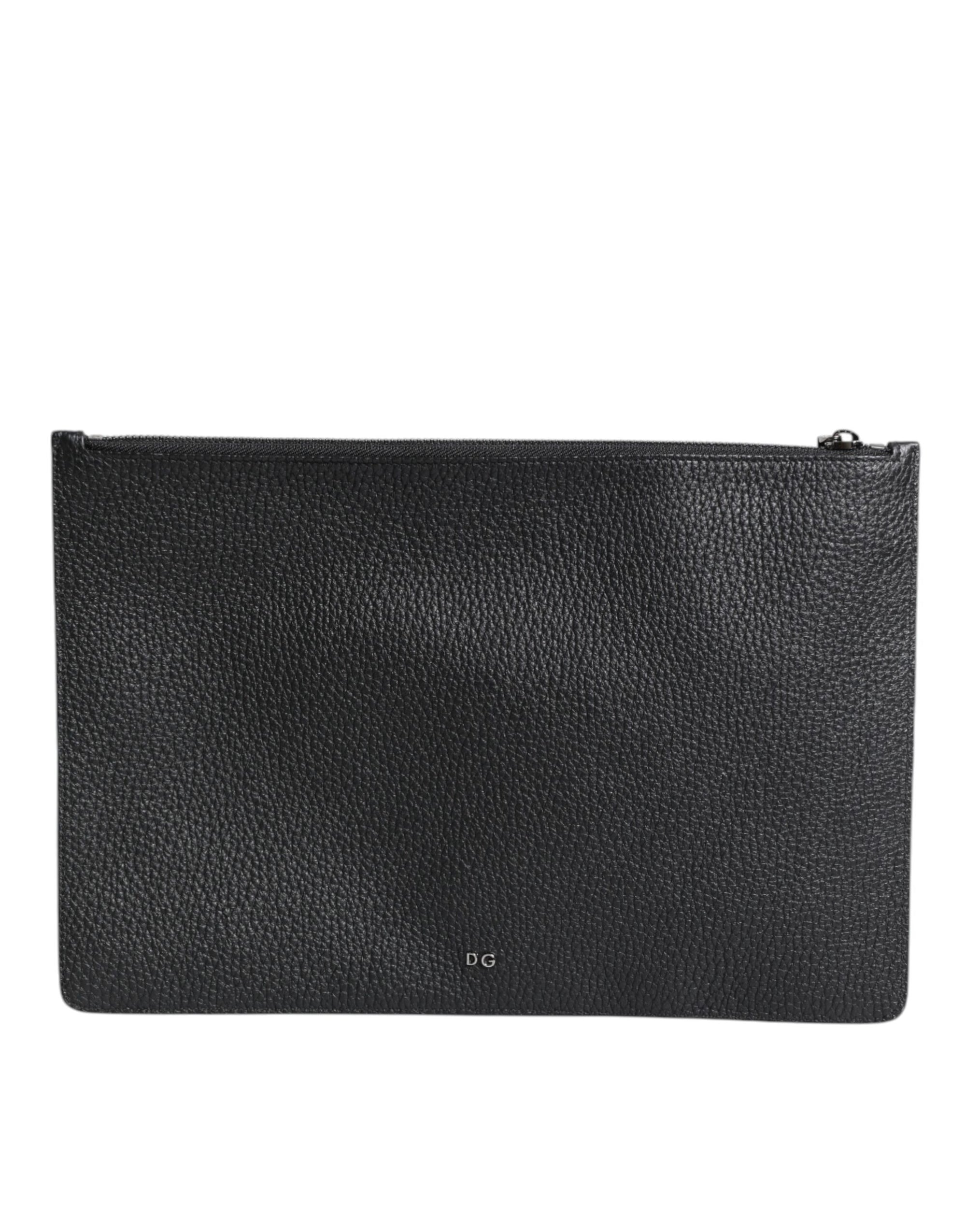 Dolce &amp; Gabbana Black Calfskin Crown Embellished Clutch Pouch Bag