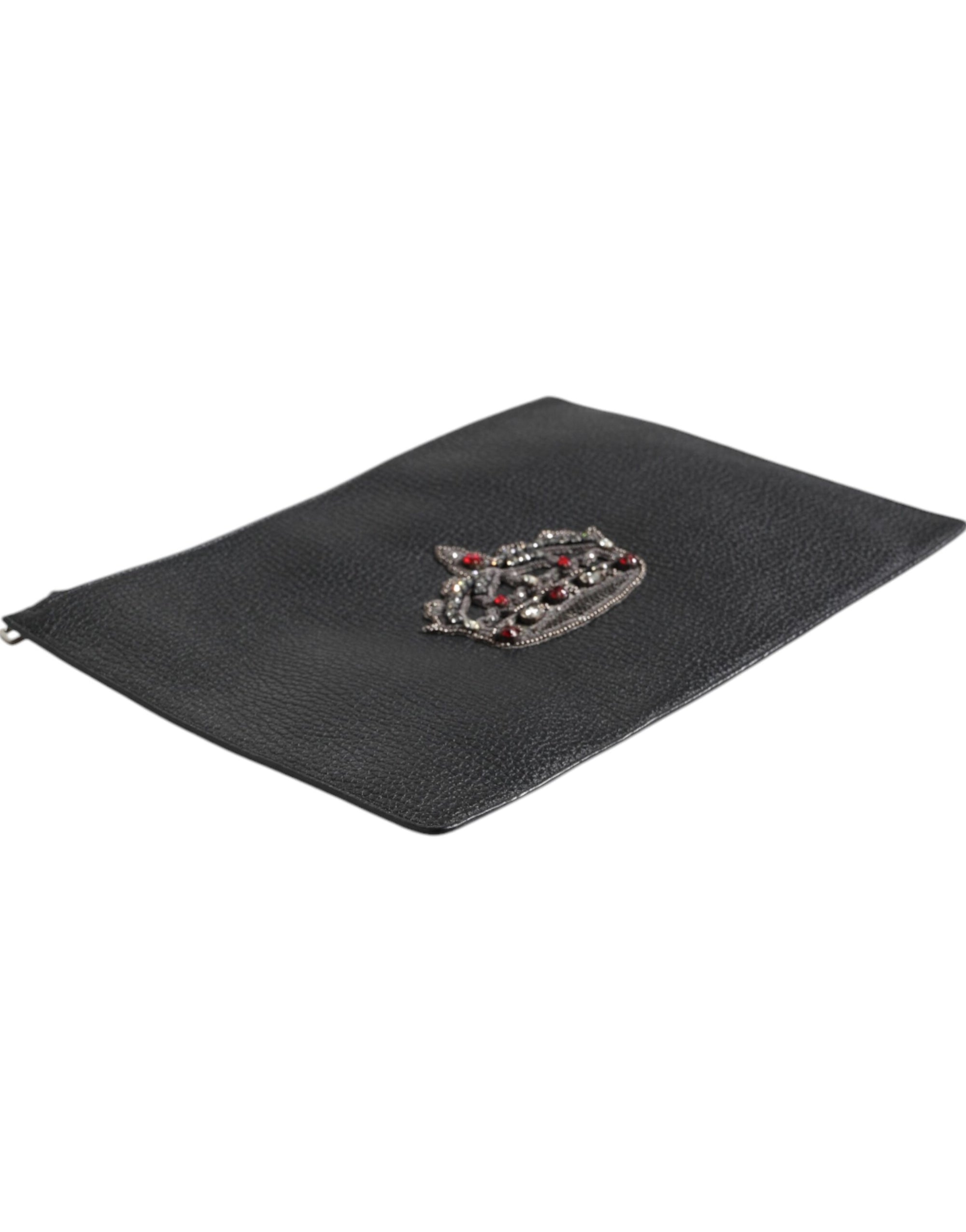 Dolce &amp; Gabbana Black Calfskin Crown Embellished Clutch Pouch Bag