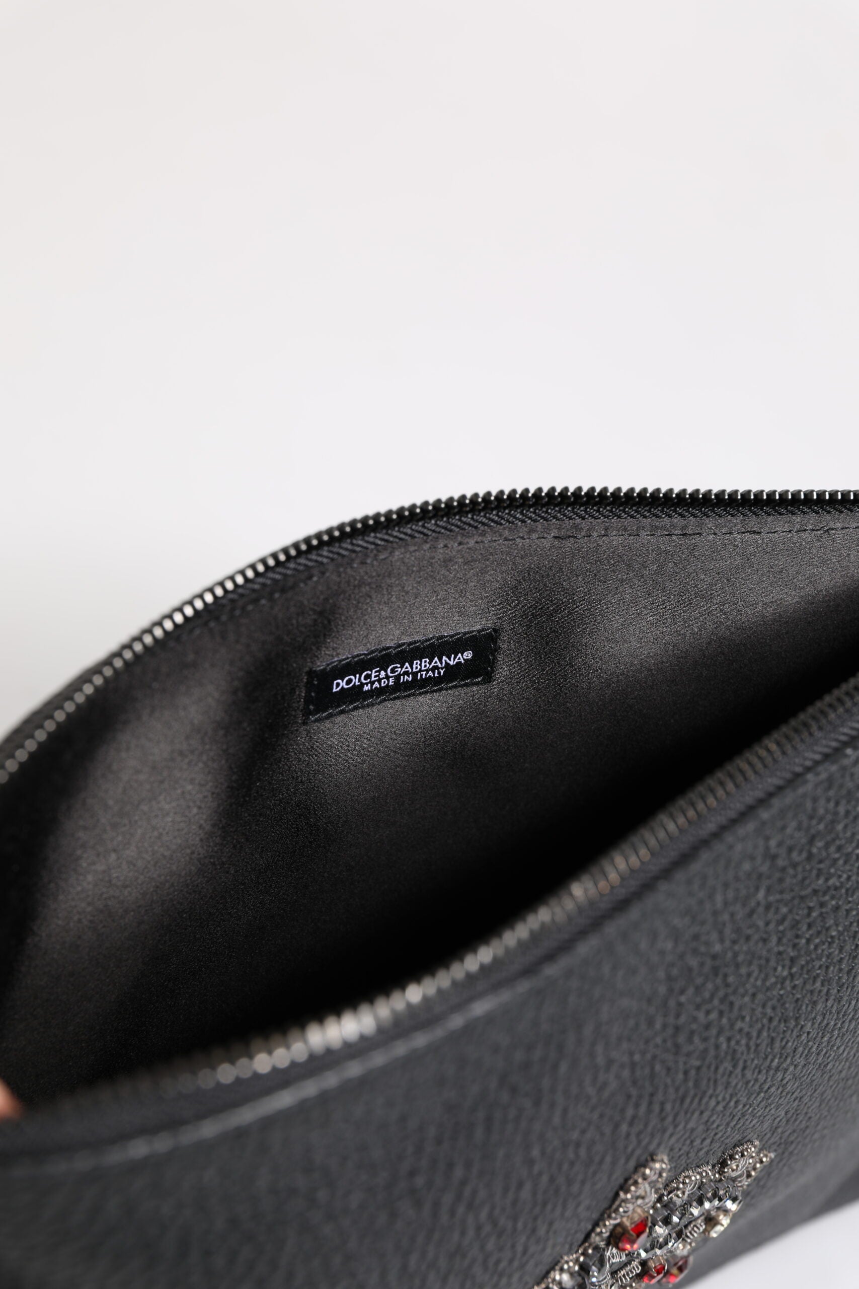 Dolce &amp; Gabbana Black Calfskin Crown Embellished Clutch Pouch Bag