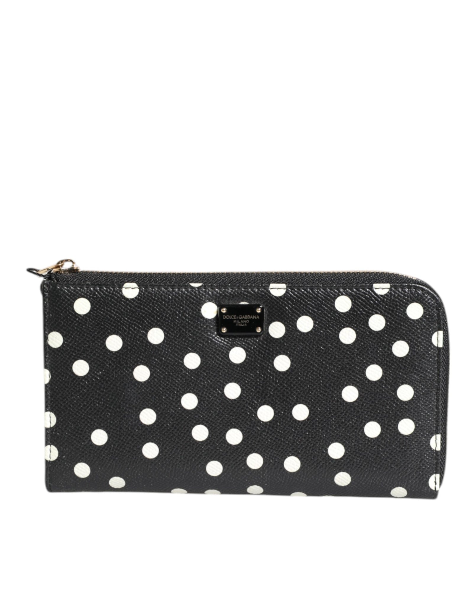 Portefeuille continental zippé Dolce & Gabbana en cuir noir et blanc à pois