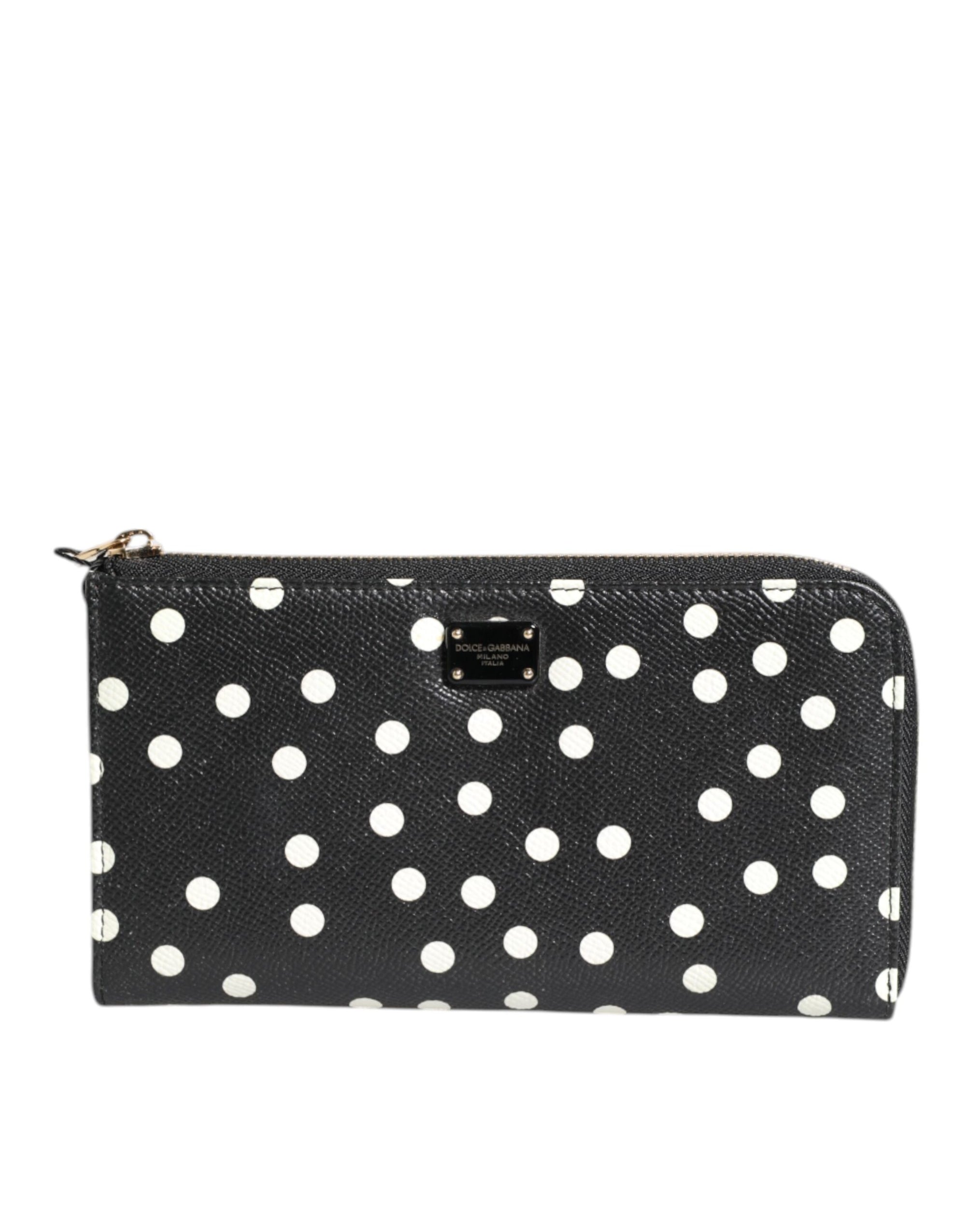 Portefeuille continental zippé Dolce & Gabbana en cuir noir et blanc à pois