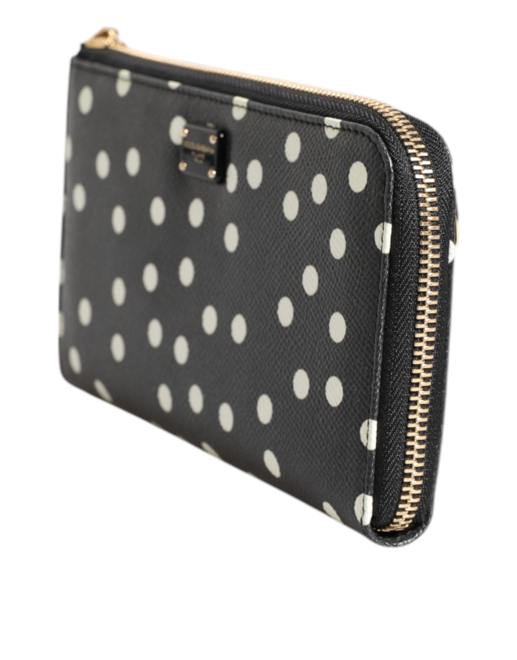 Portefeuille continental zippé Dolce & Gabbana en cuir noir et blanc à pois