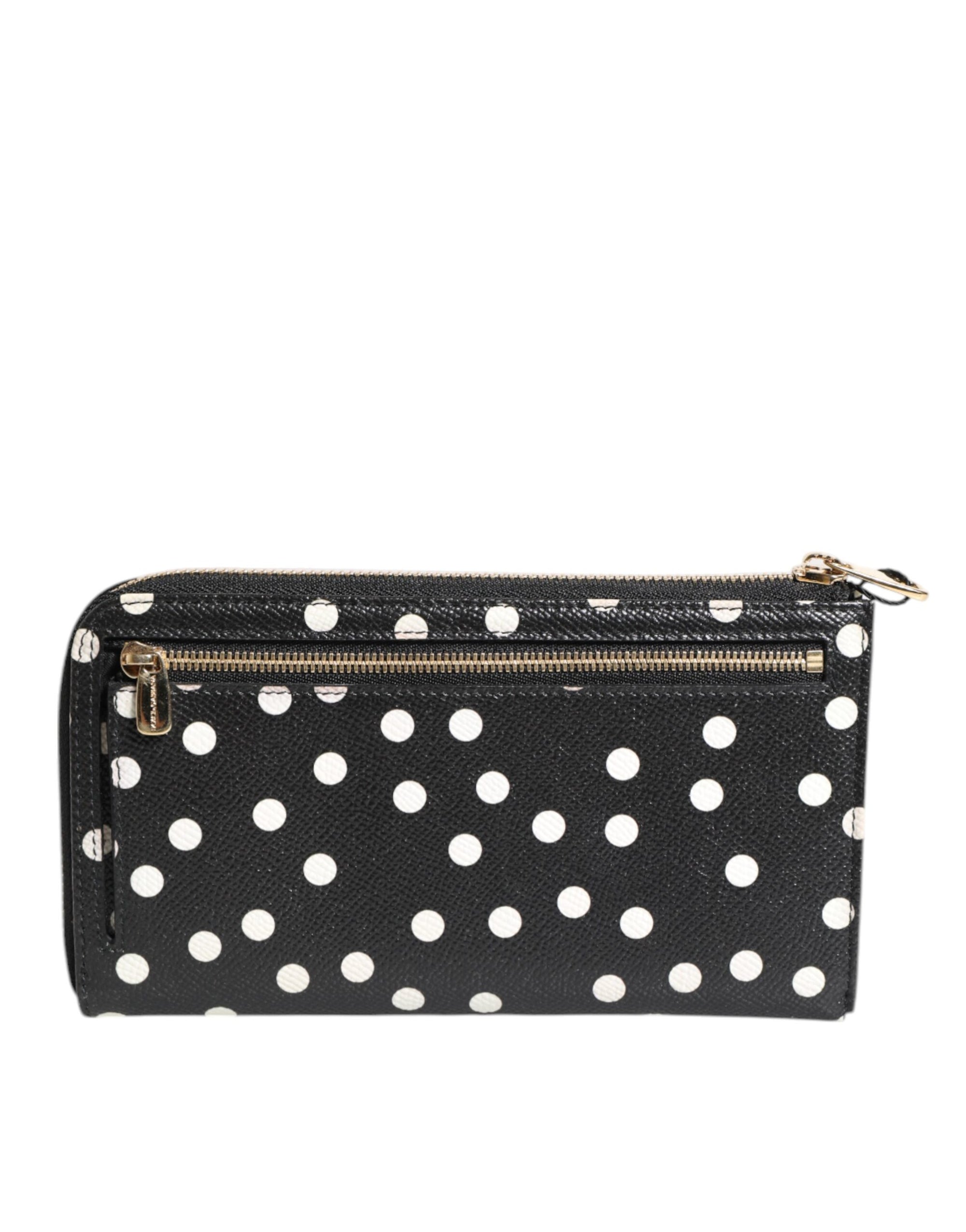 Portefeuille continental zippé Dolce & Gabbana en cuir noir et blanc à pois