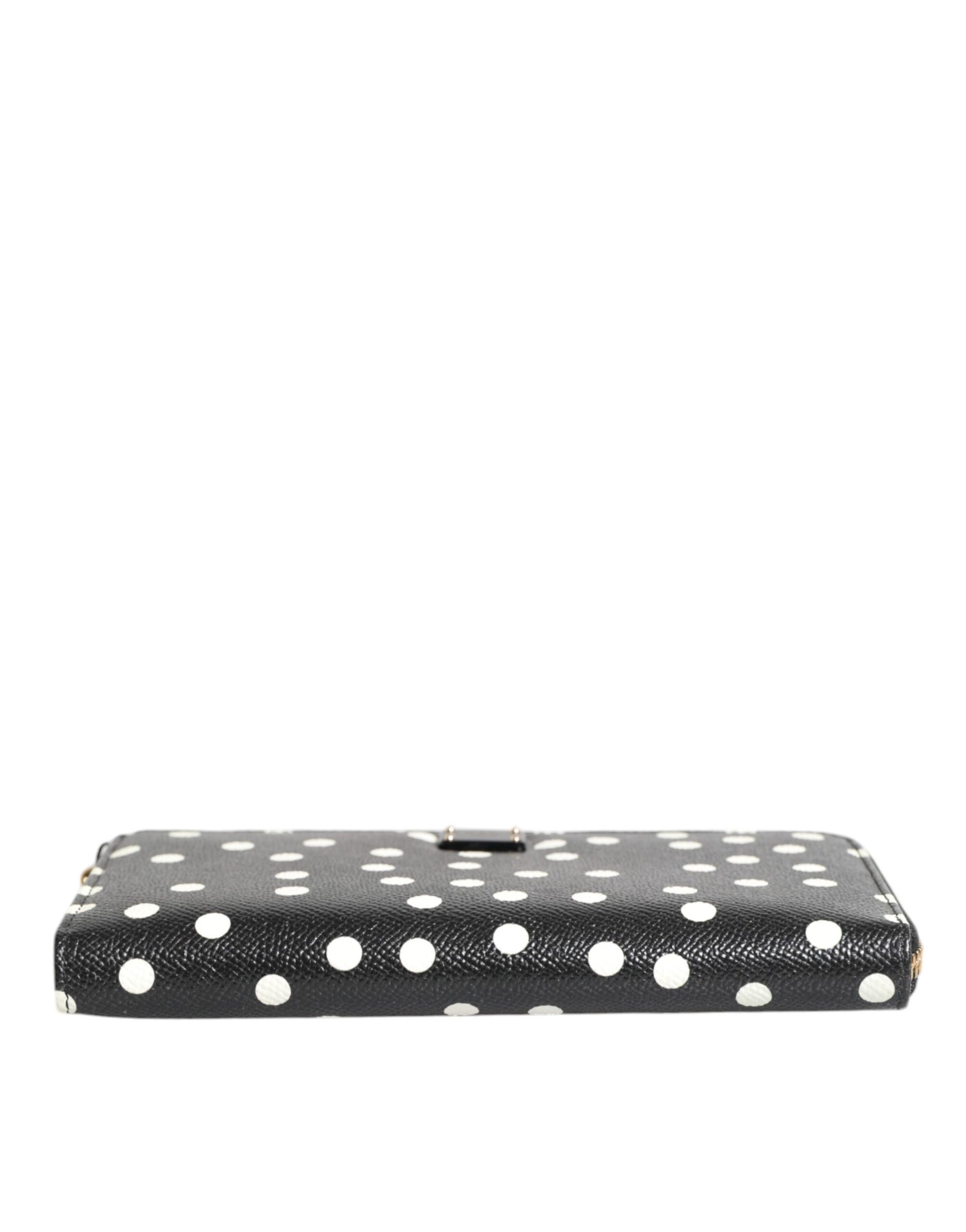 Portefeuille continental zippé Dolce & Gabbana en cuir noir et blanc à pois