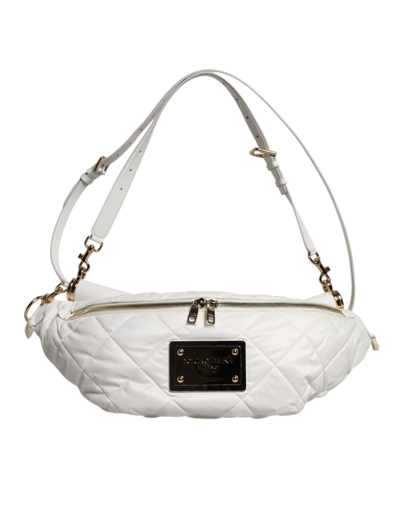 Dolce &amp; Gabbana White Quilted Logo Plaque Belt Waist Fanny Pack Bag