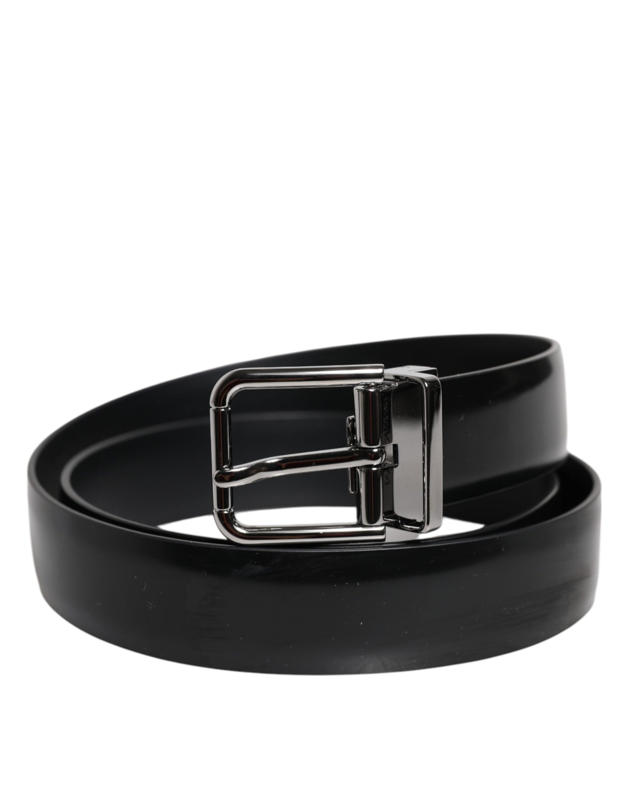 Ceinture Dolce &amp; Gabbana en cuir noir brillant avec boucle en métal argenté