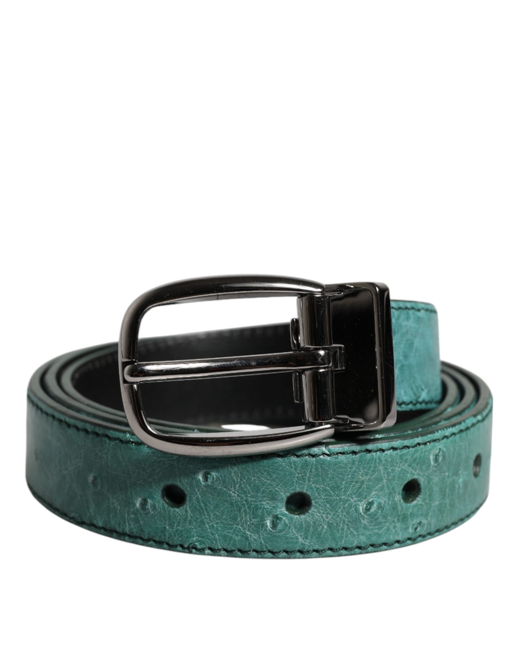 Dolce &amp; Gabbana Green Leather Silver Tone Metal Buckle Belt
