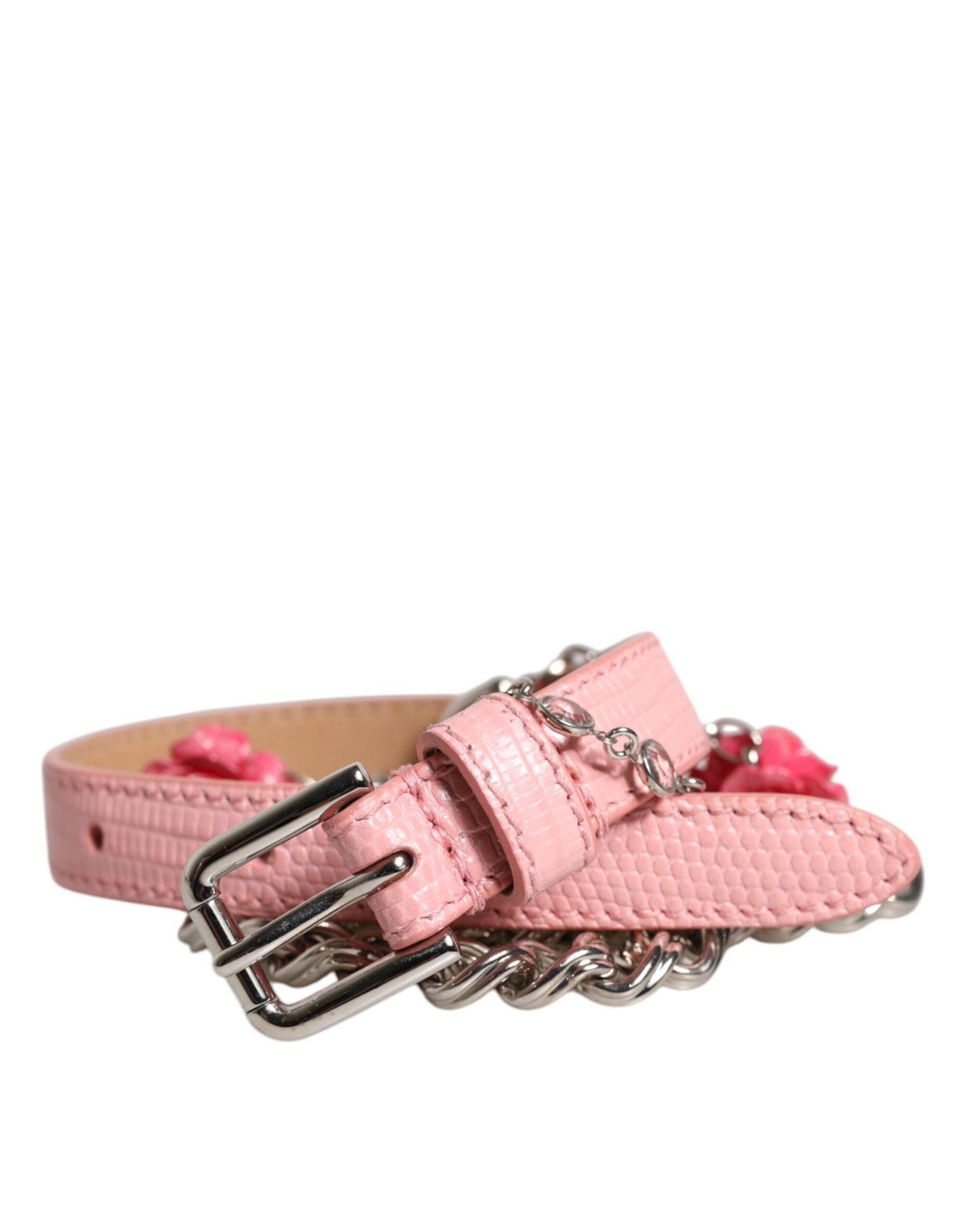 Dolce &amp; Gabbana Pink Embelished Roses Textured Leather Belt
