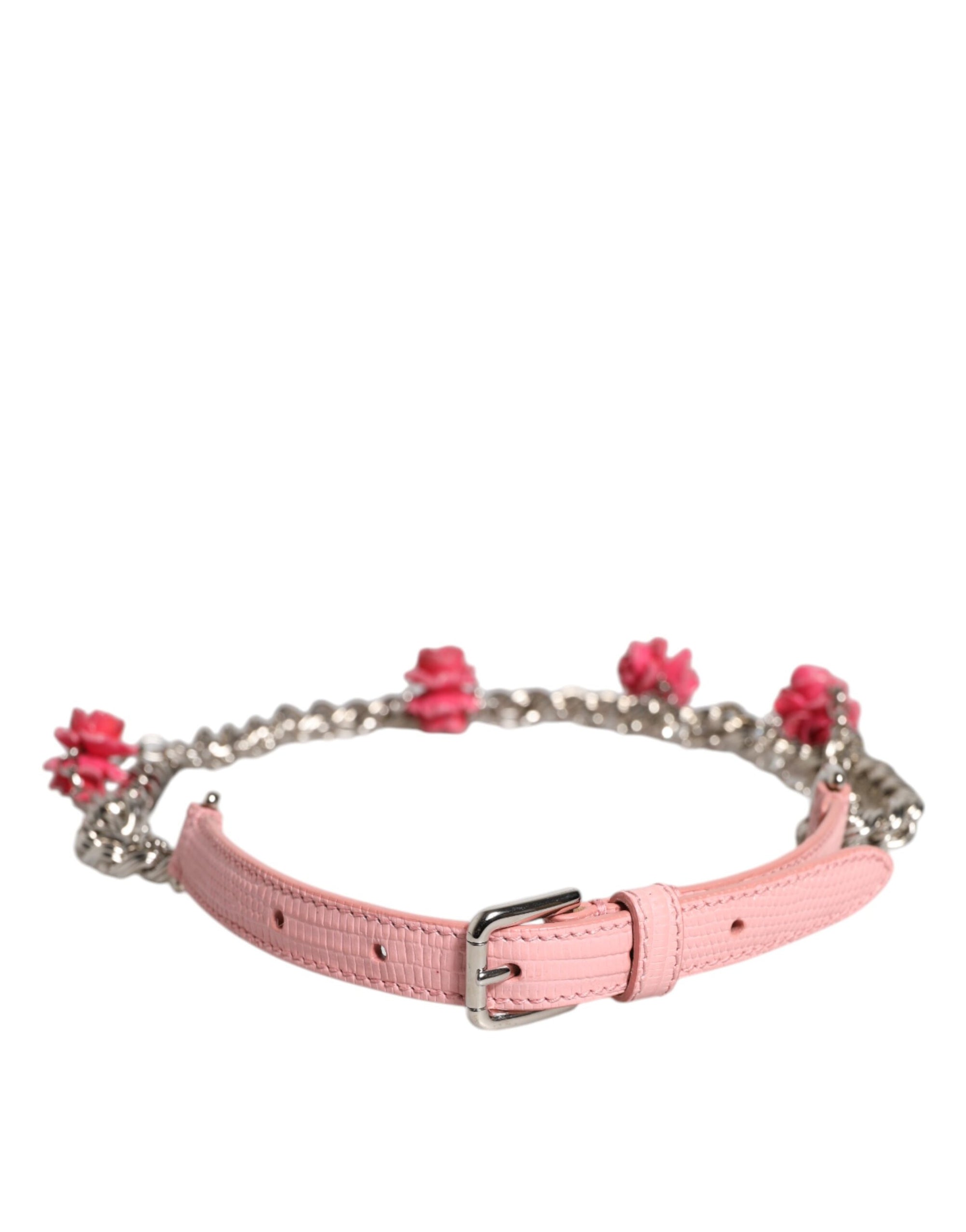 Dolce &amp; Gabbana Pink Embelished Roses Textured Leather Belt