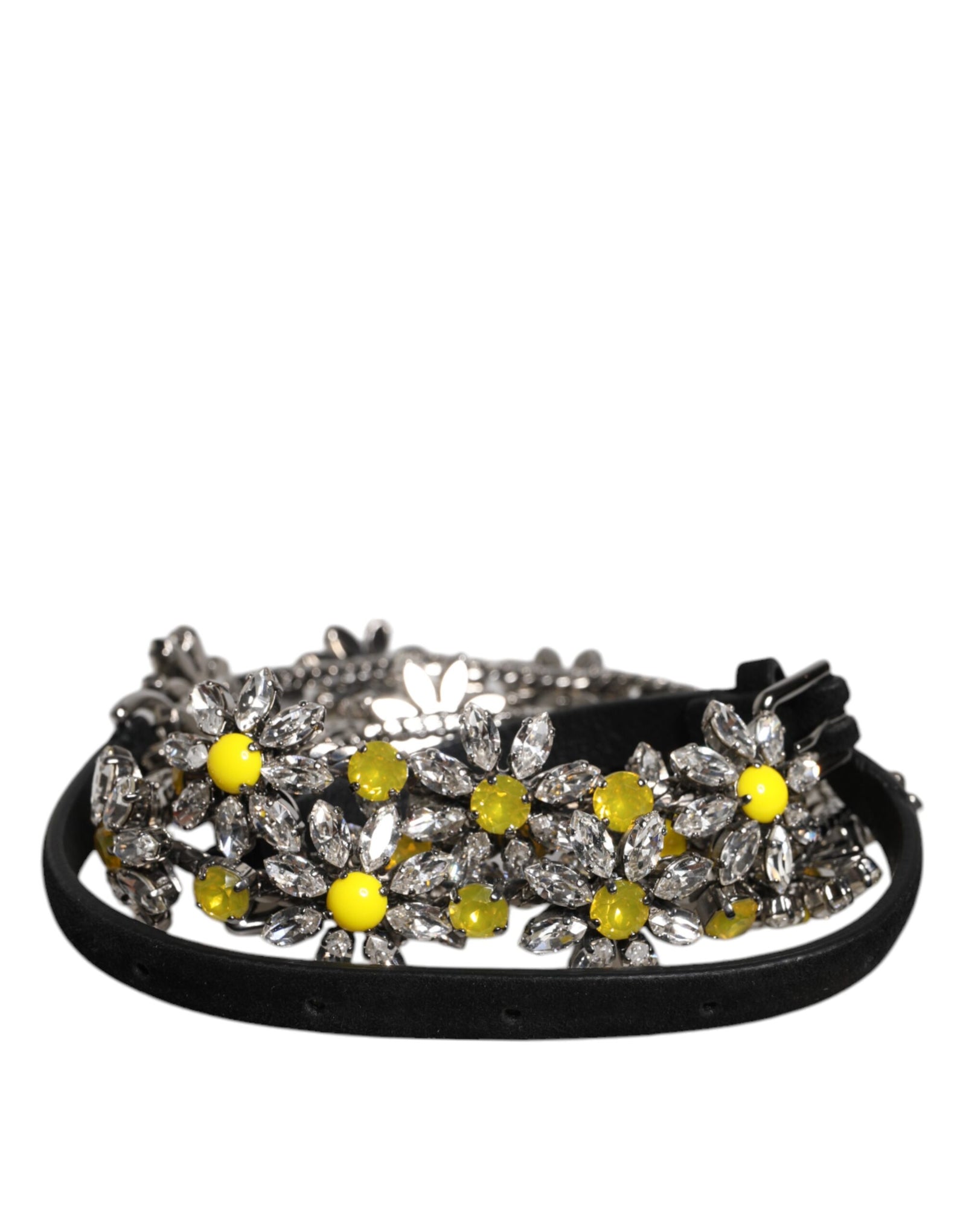 Dolce &amp; Gabbana Black Leather Daisy Crystal Embellish Waist Belt