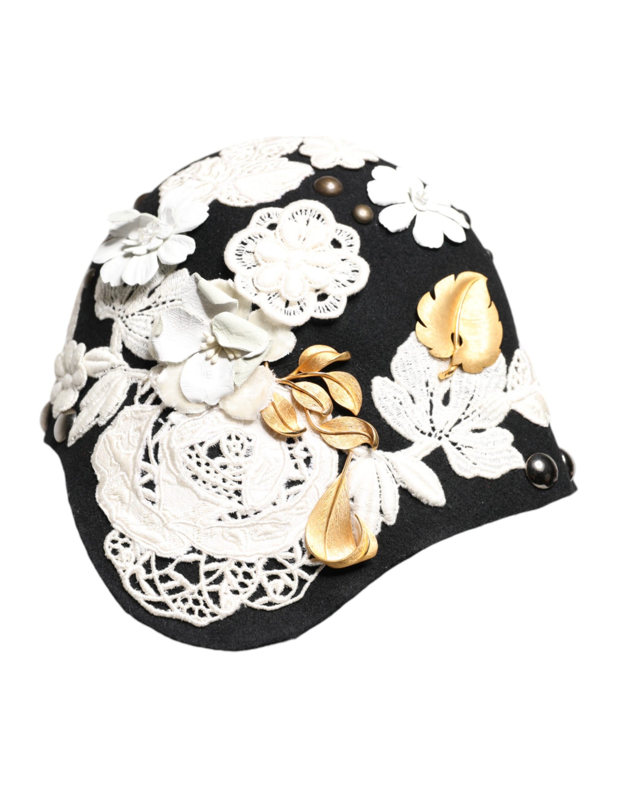 Chapeau cloche Dolce &amp; Gabbana en laine noire à fleurs blanches et feuilles d'or