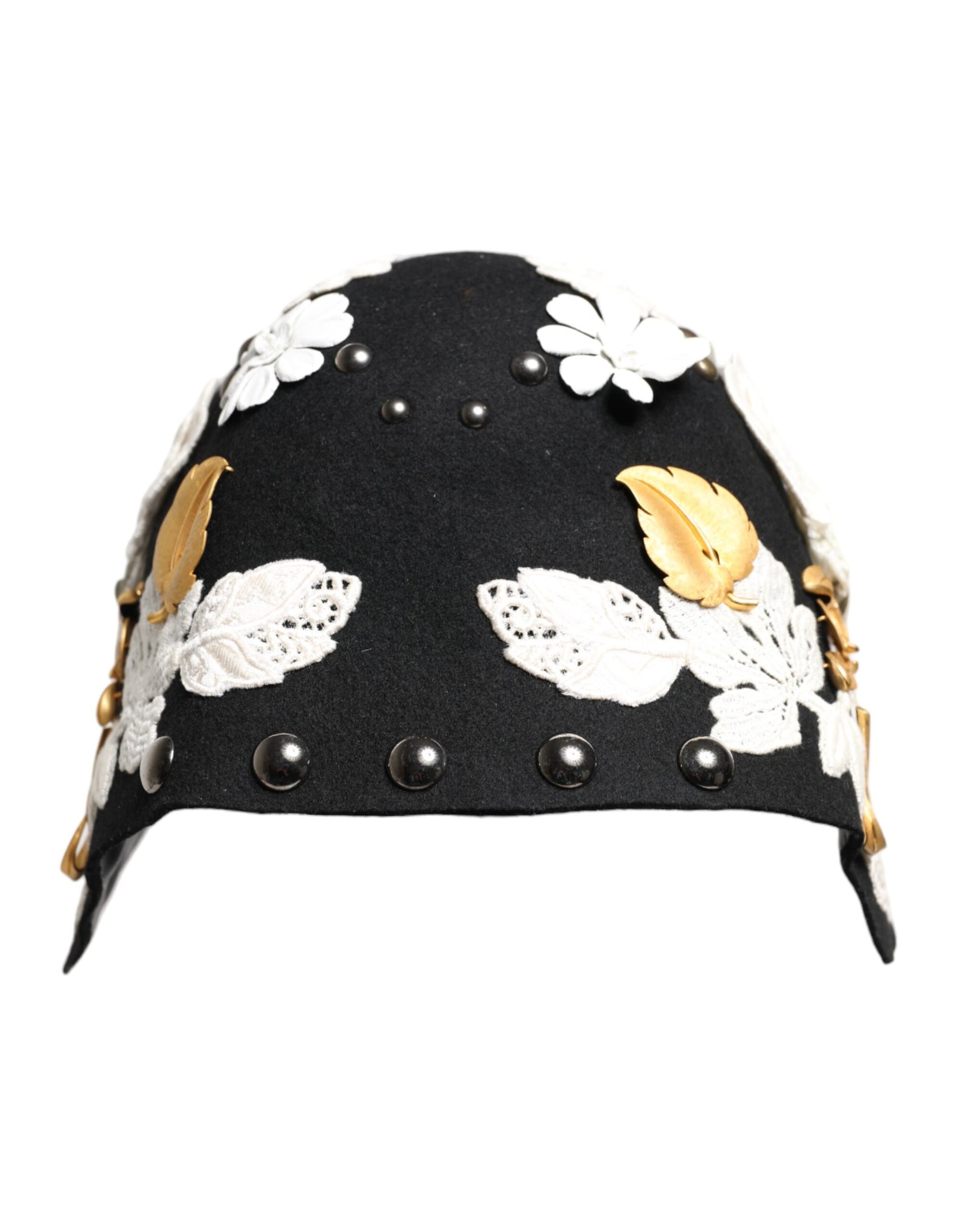 Chapeau cloche Dolce &amp; Gabbana en laine noire à fleurs blanches et feuilles d'or
