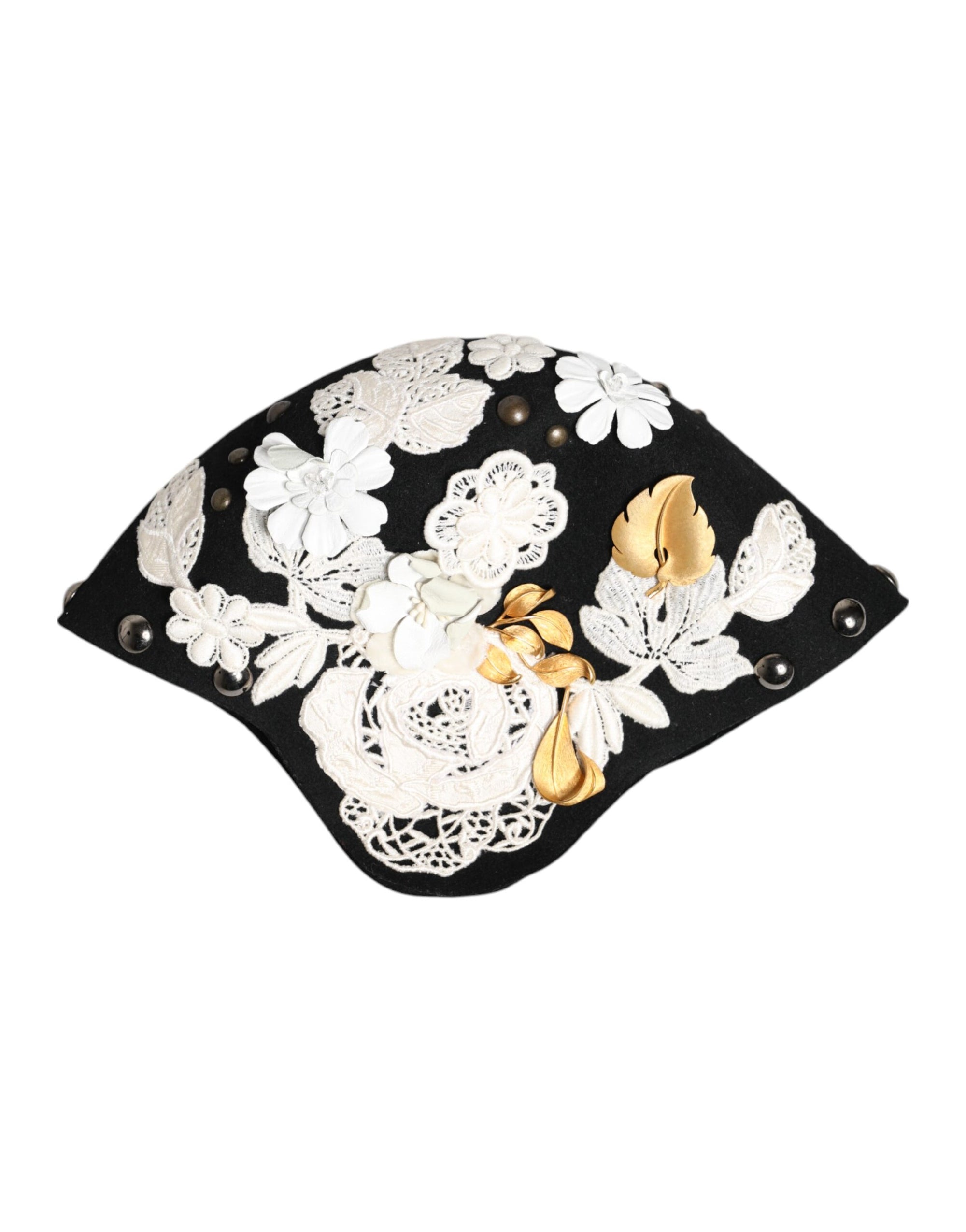 Chapeau cloche Dolce &amp; Gabbana en laine noire à fleurs blanches et feuilles d'or