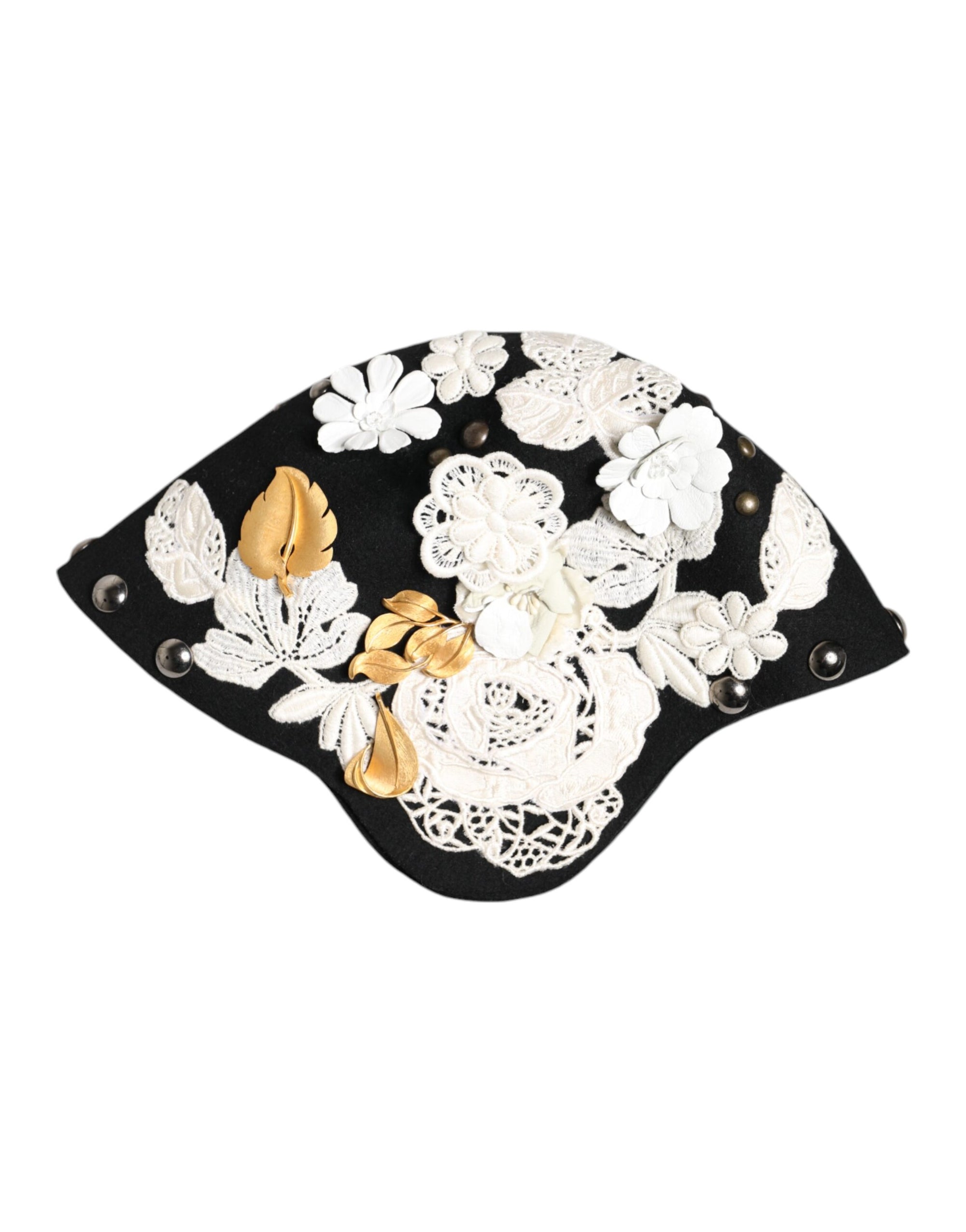 Chapeau cloche Dolce &amp; Gabbana en laine noire à fleurs blanches et feuilles d'or