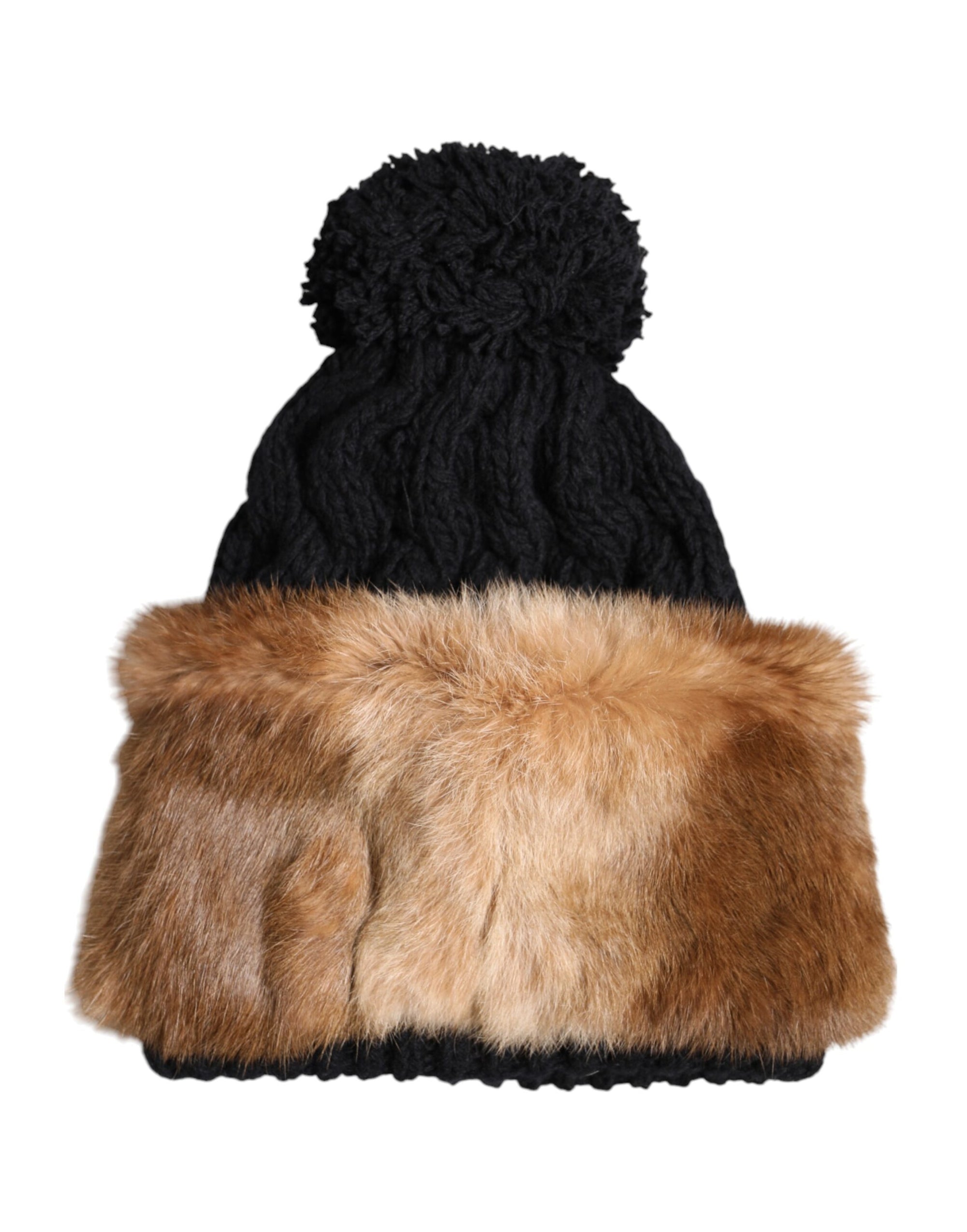 Bonnet d'hiver en fourrure de lapin véritable teintée noir et marron Dolce &amp; Gabbana