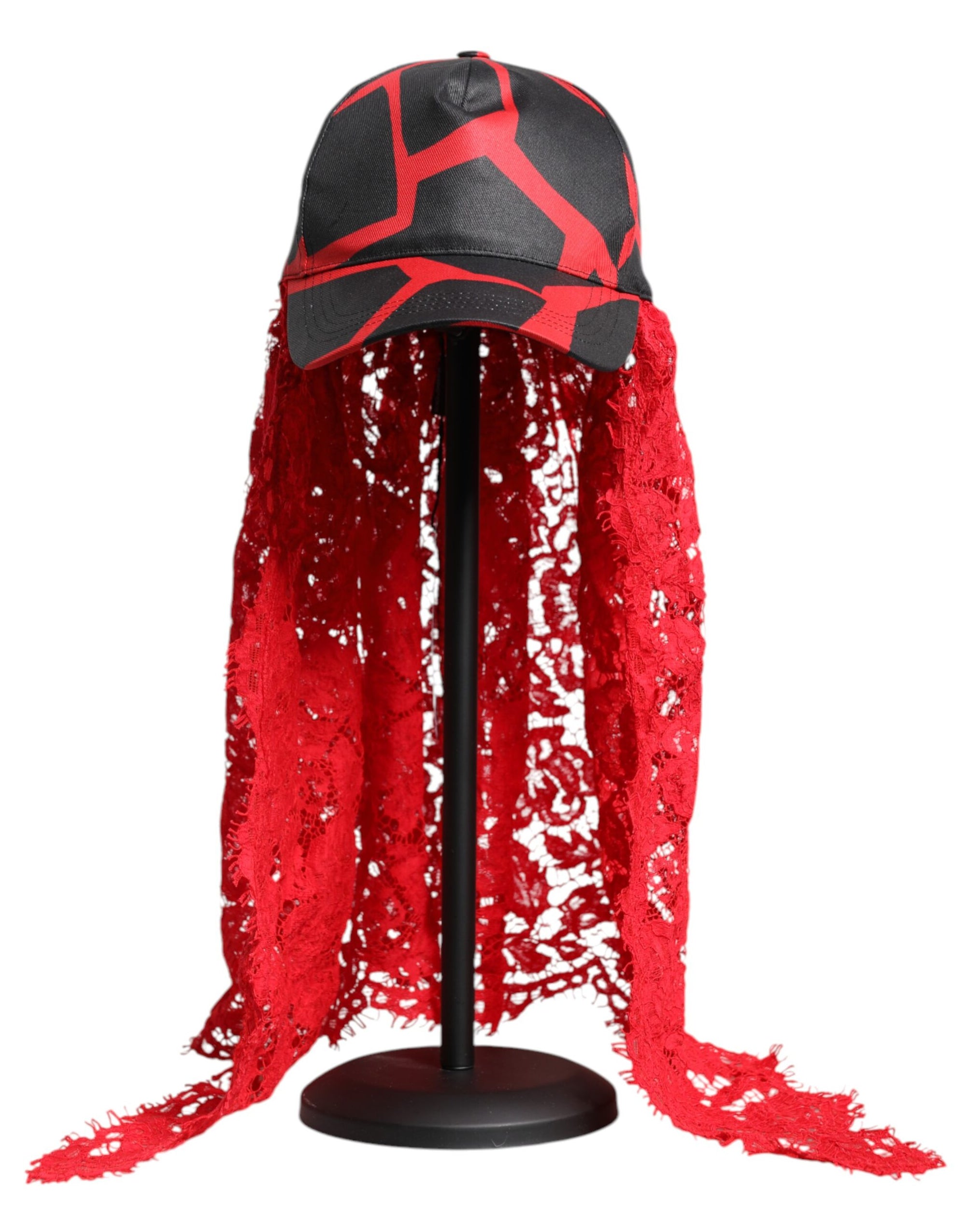 Casquette de baseball en tulle et dentelle rouge et noire Dolce &amp; Gabbana