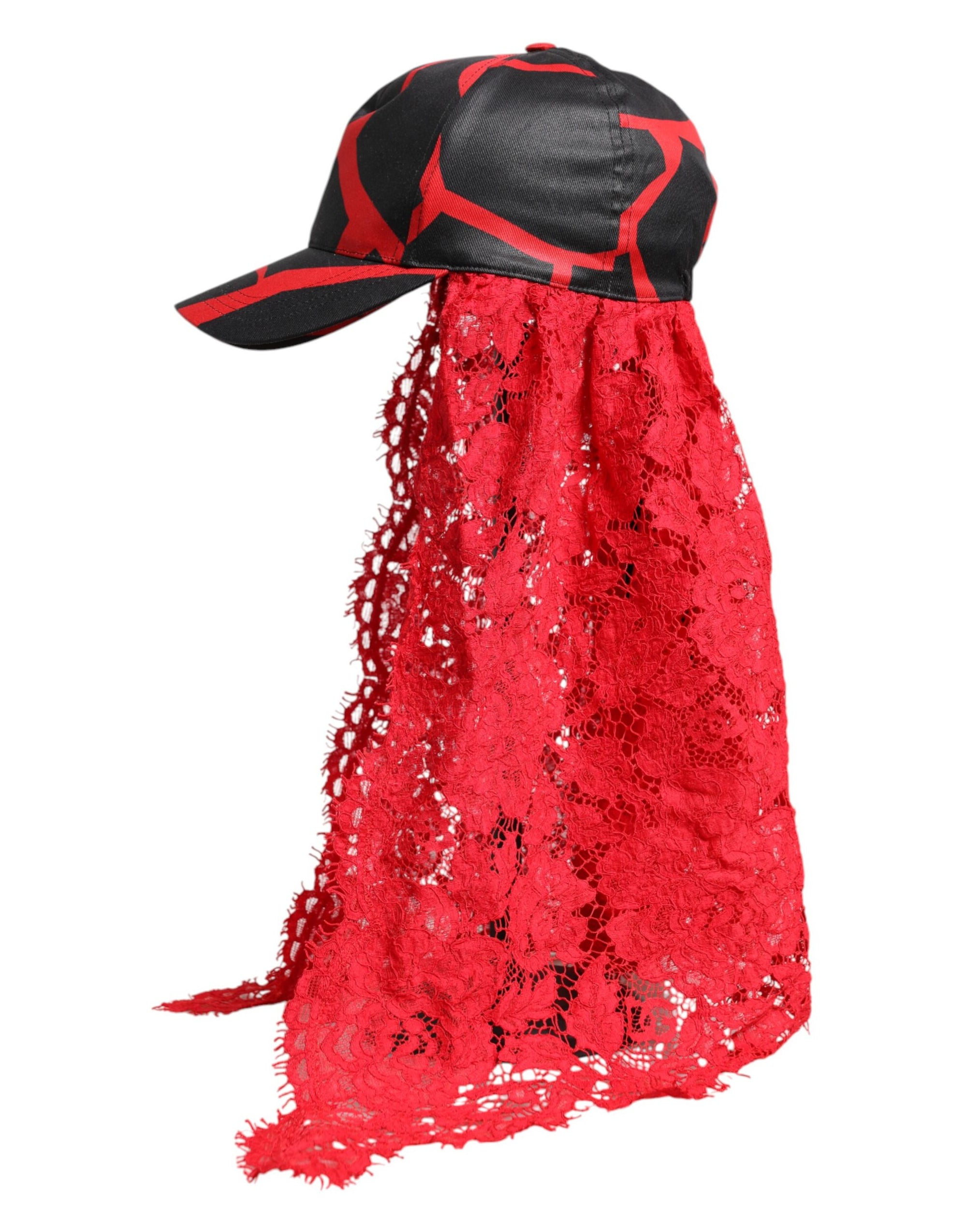 Casquette de baseball en tulle et dentelle rouge et noire Dolce &amp; Gabbana