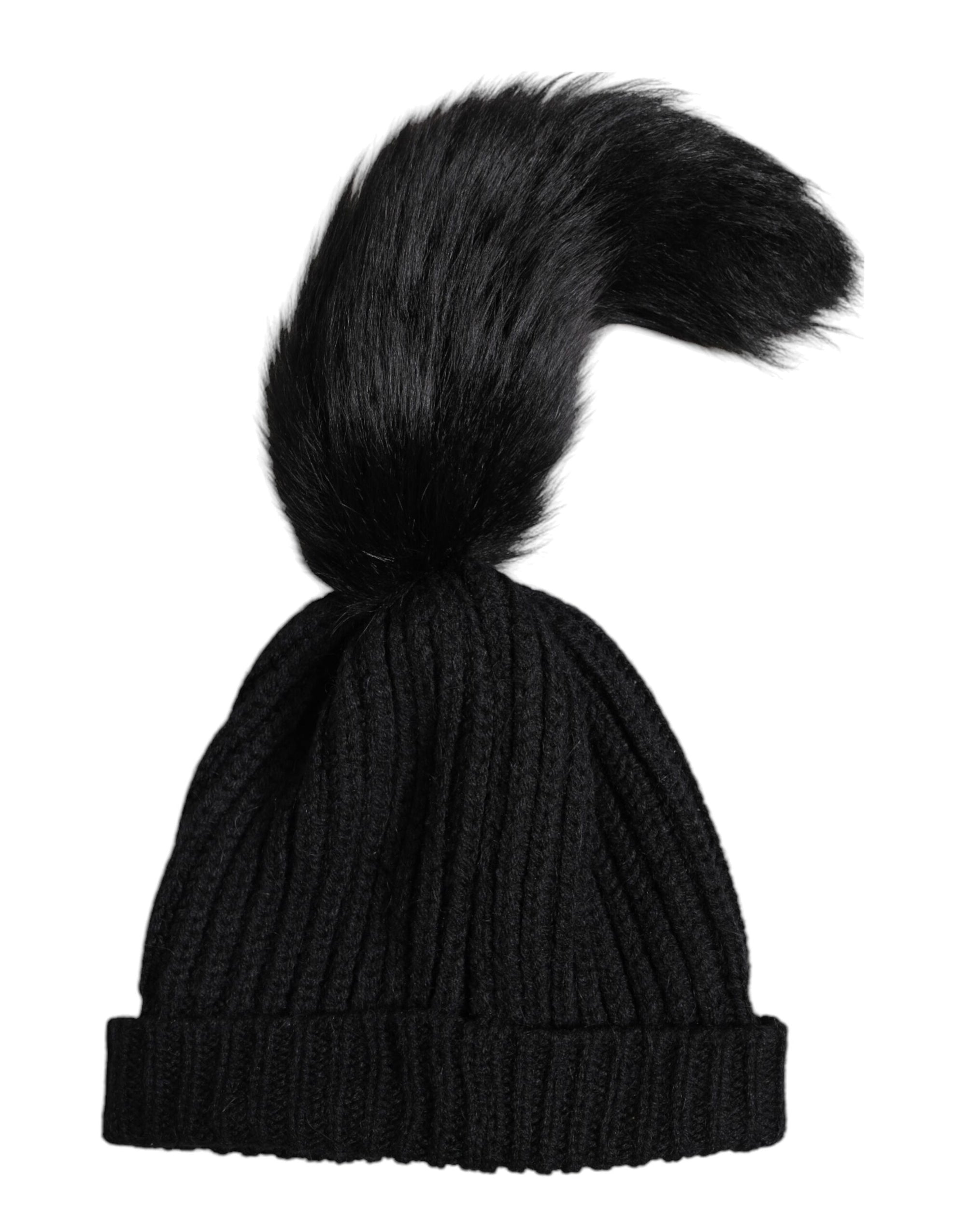 Bonnet d'hiver en fourrure tricotée acrylique noire Dolce & Gabbana