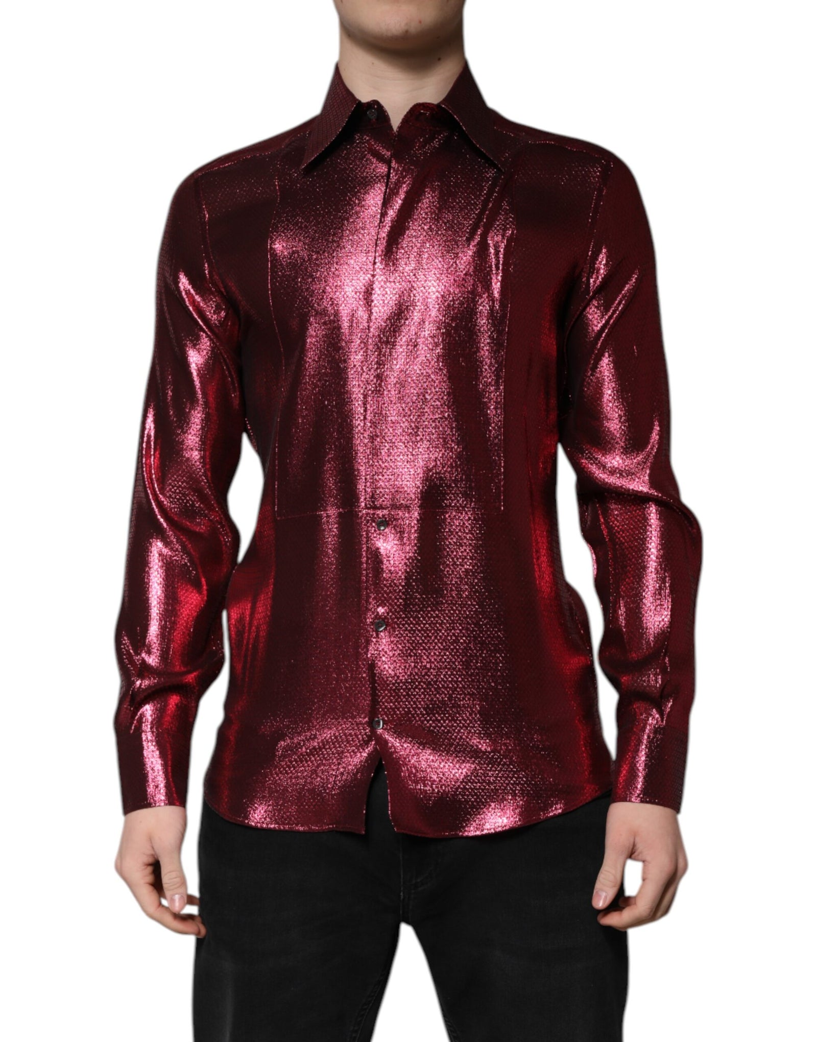 Dolce &amp; Gabbana Metallic Red Cotton GOLD Dress Formal Shirt