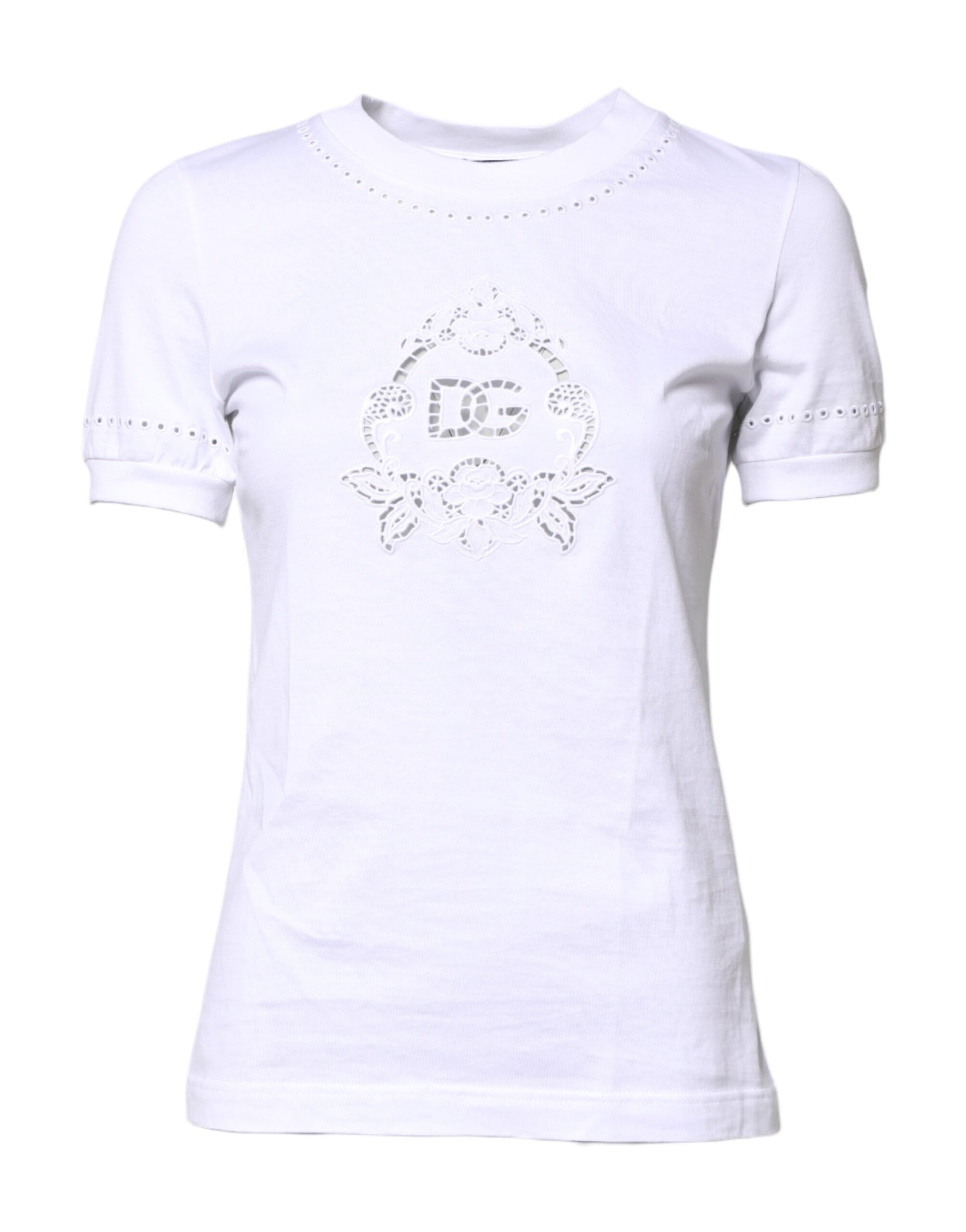 Dolce &amp; Gabbana White Cotton Floral Logo Crew Neck T-shirt