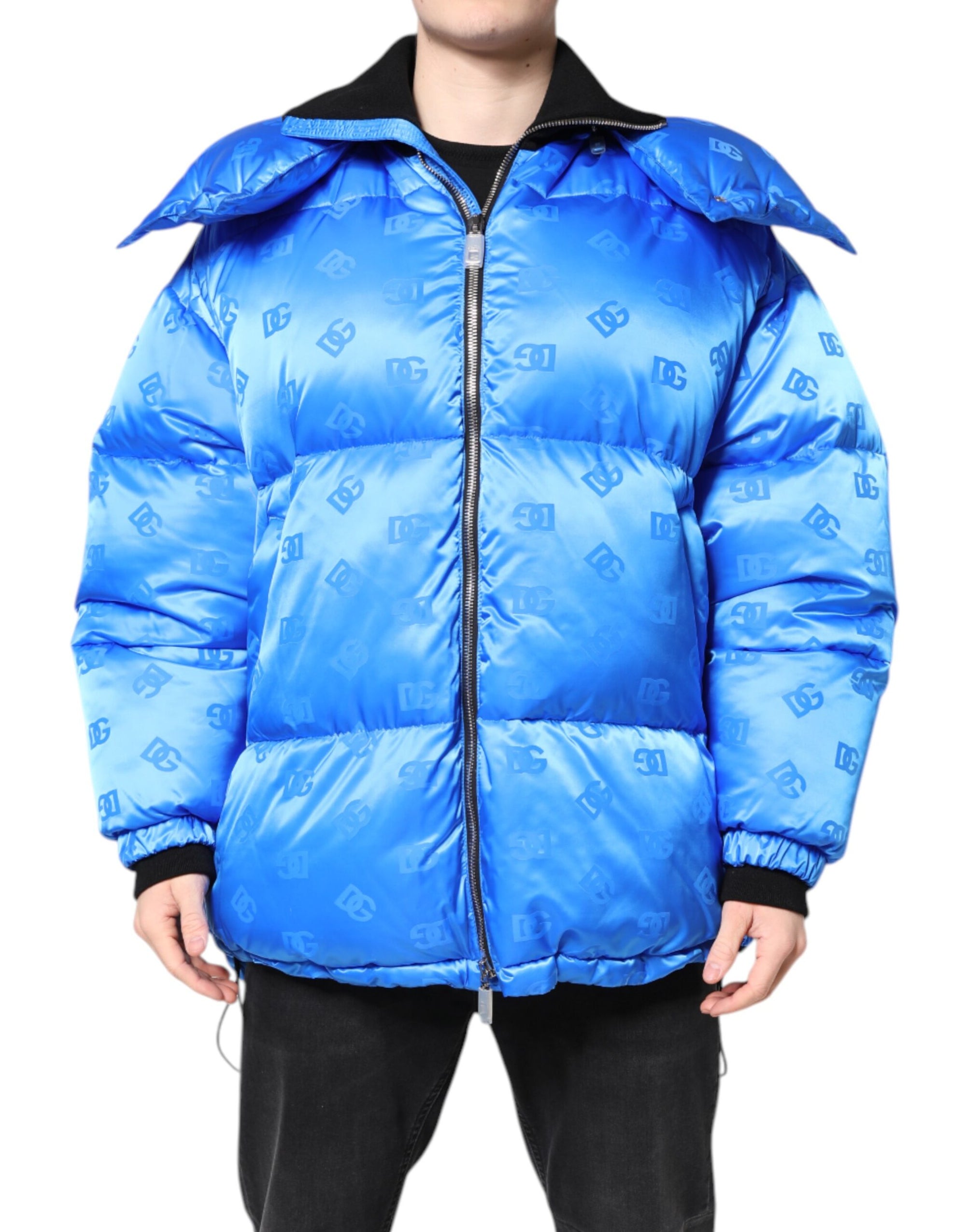 Dolce &amp; Gabbana Blue Logo Full Zip Hooded Quilted Jacket