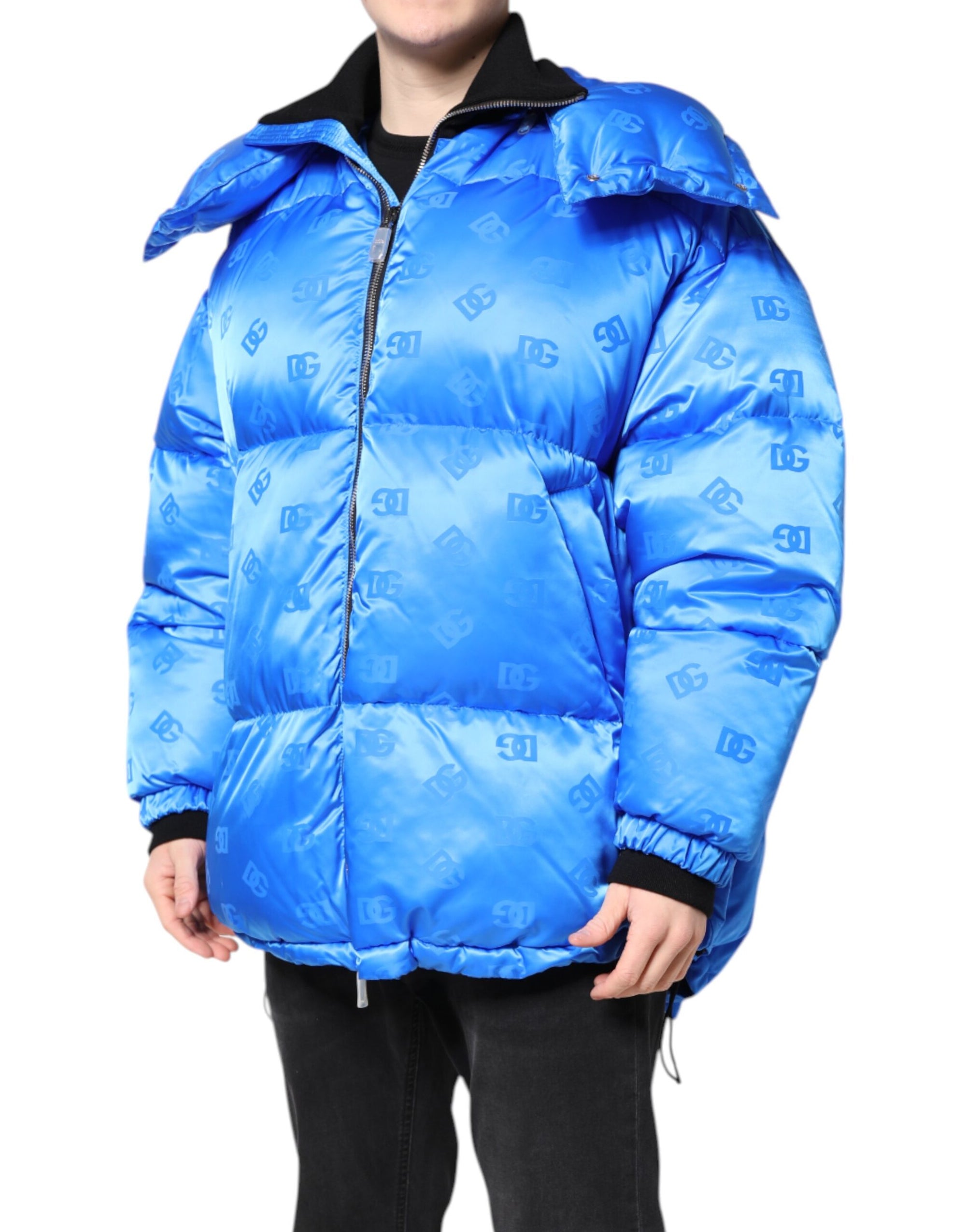 Dolce &amp; Gabbana Blue Logo Full Zip Hooded Quilted Jacket