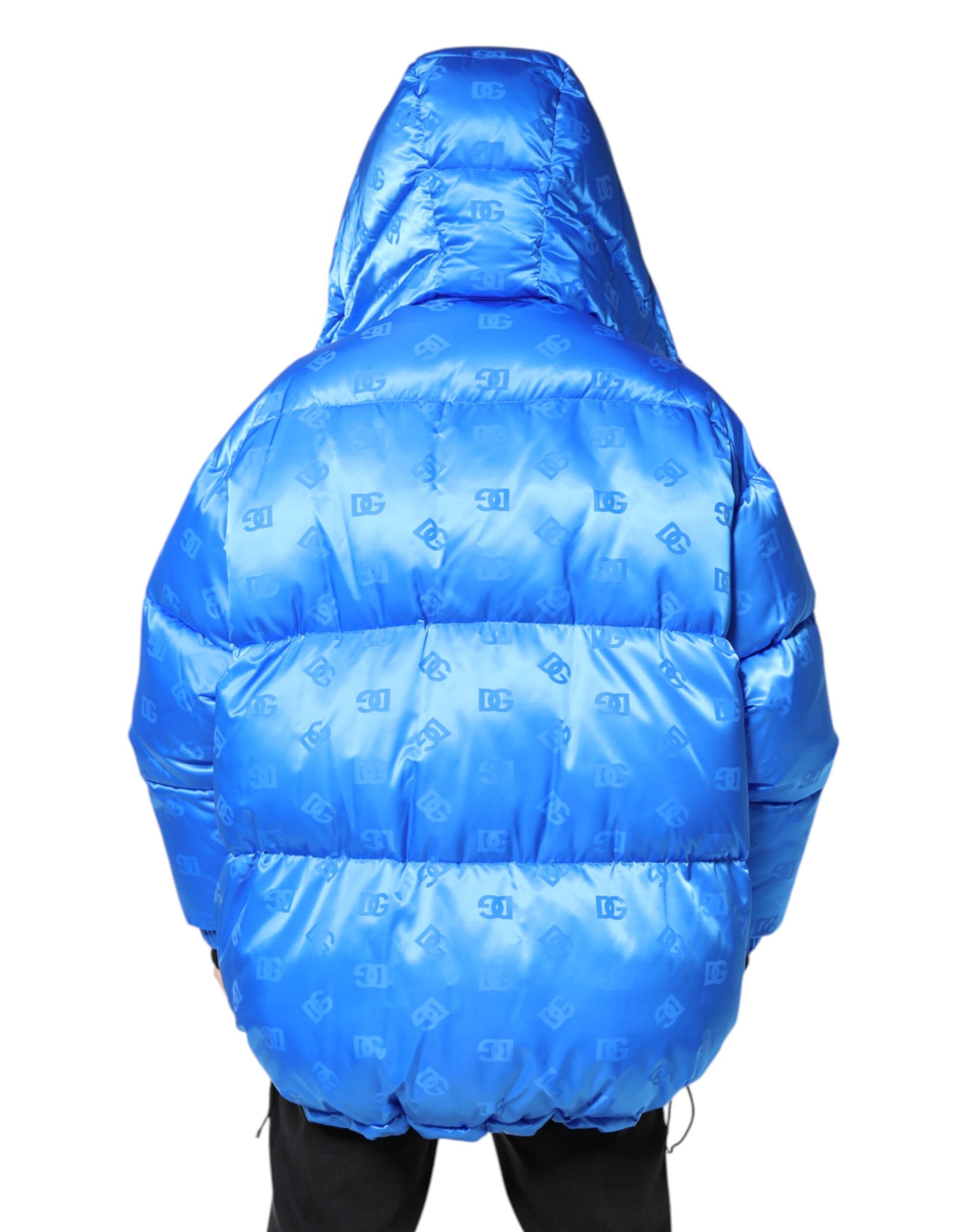 Dolce &amp; Gabbana Blue Logo Full Zip Hooded Quilted Jacket